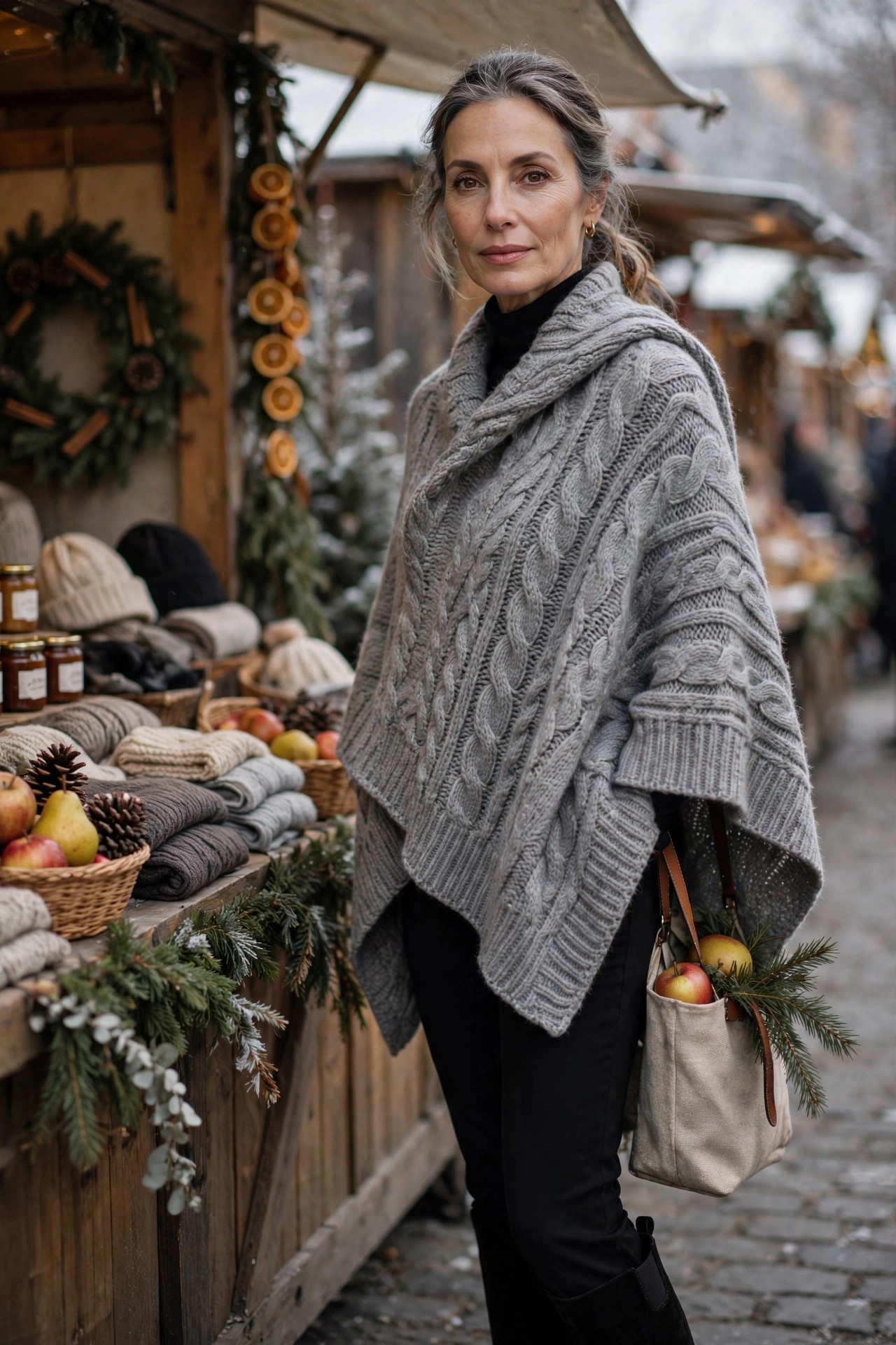 Woman over 50 wearing soft gray poncho with black ponte pants