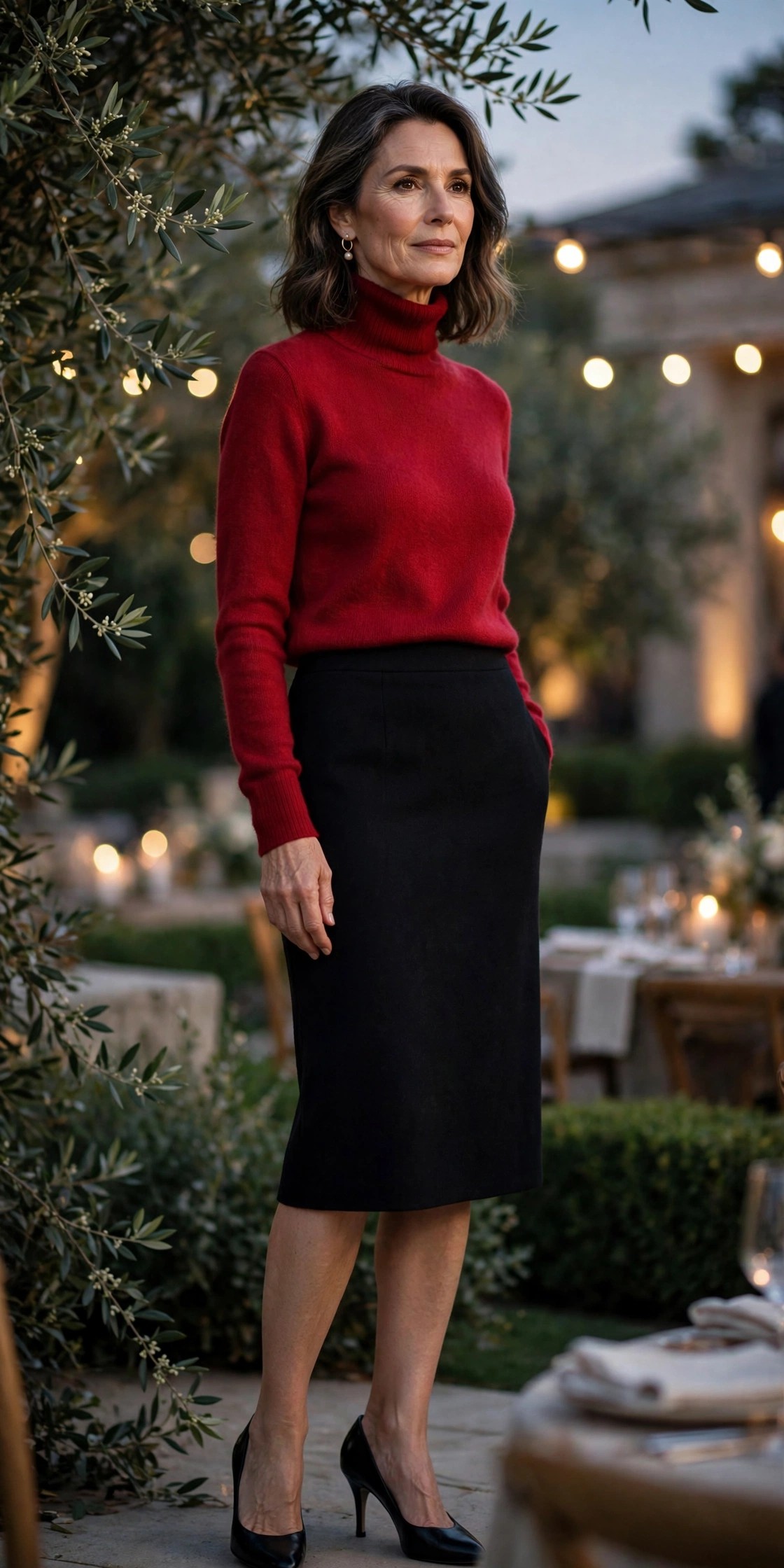 Woman over 50 in cherry-red turtleneck with black wool pencil skirt