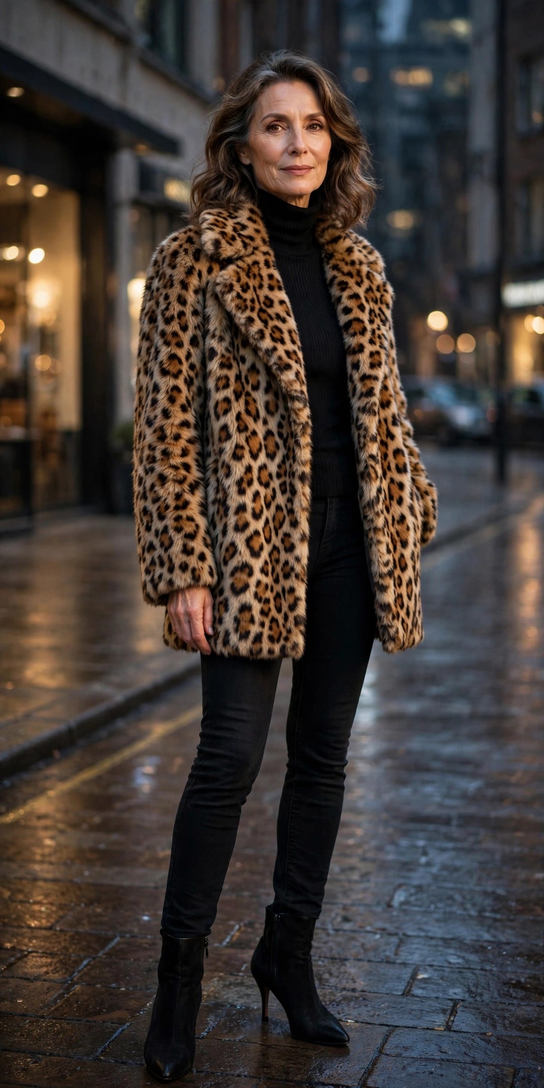 Woman over 50 in leopard-print coat over all-black layers