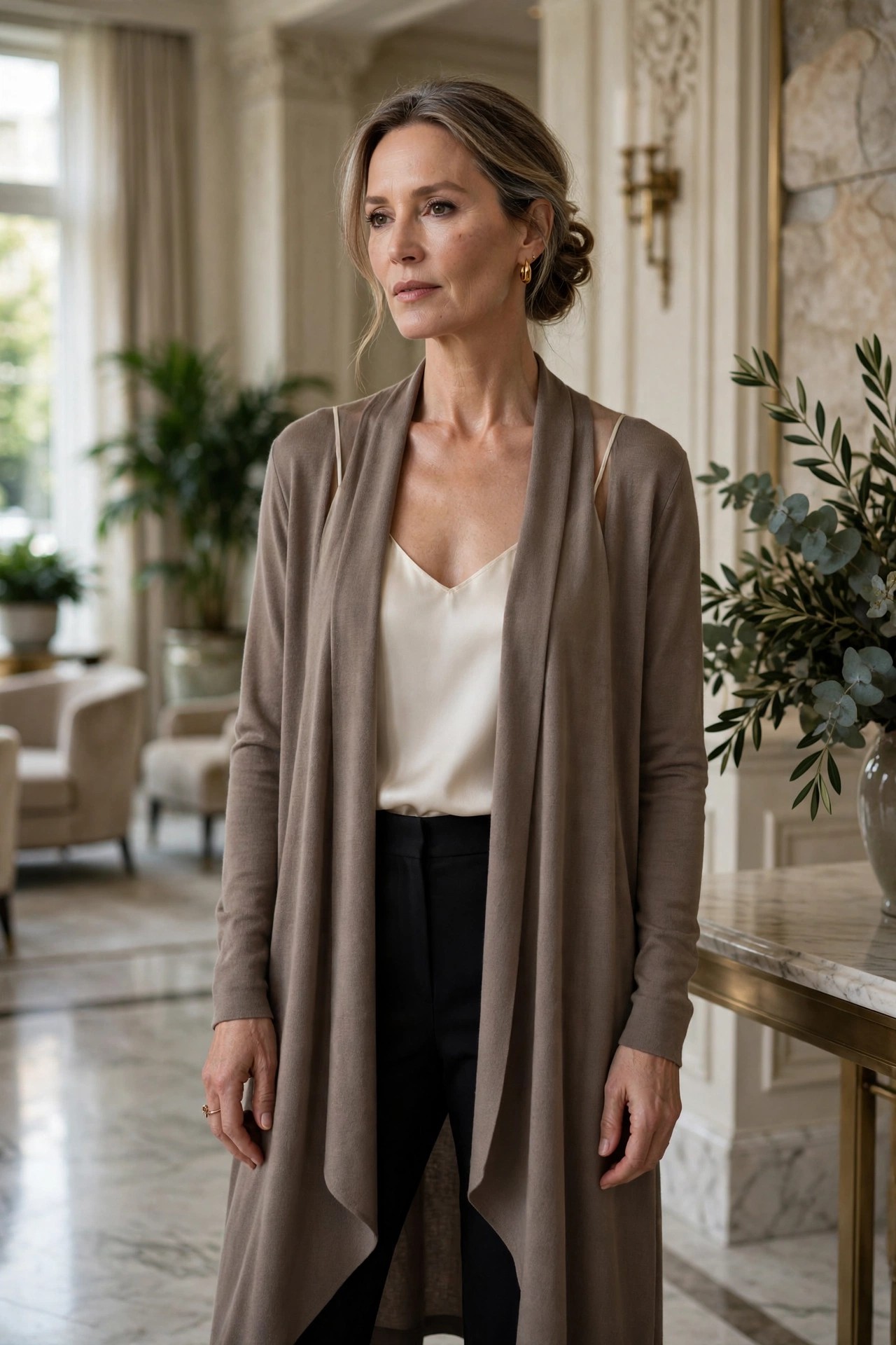 Woman over 50 in taupe duster cardigan over ivory silk cami