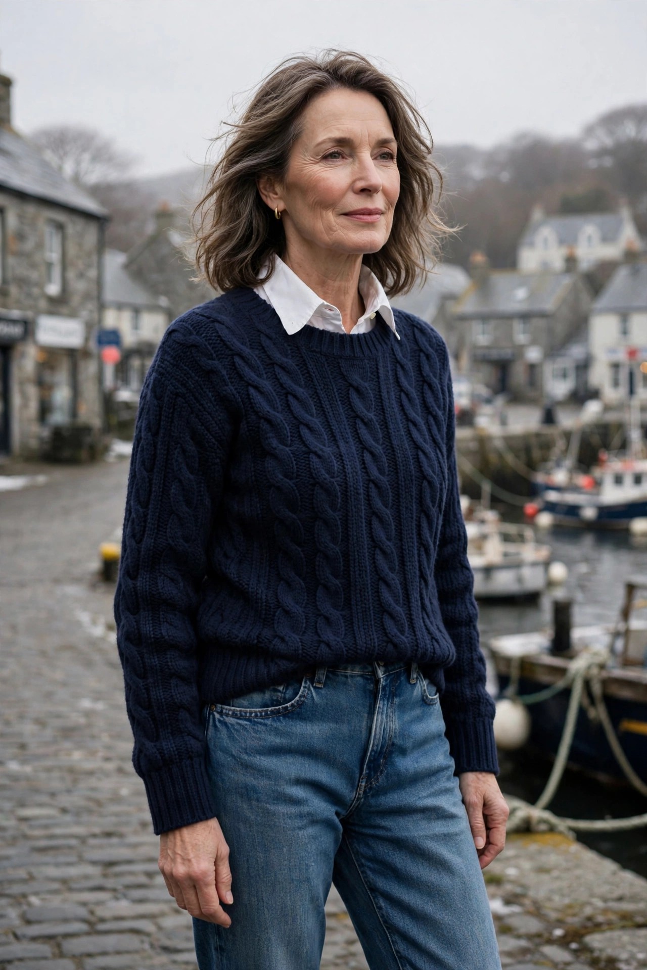 Woman over 50 in navy fisherman sweater over white shirt with jeans