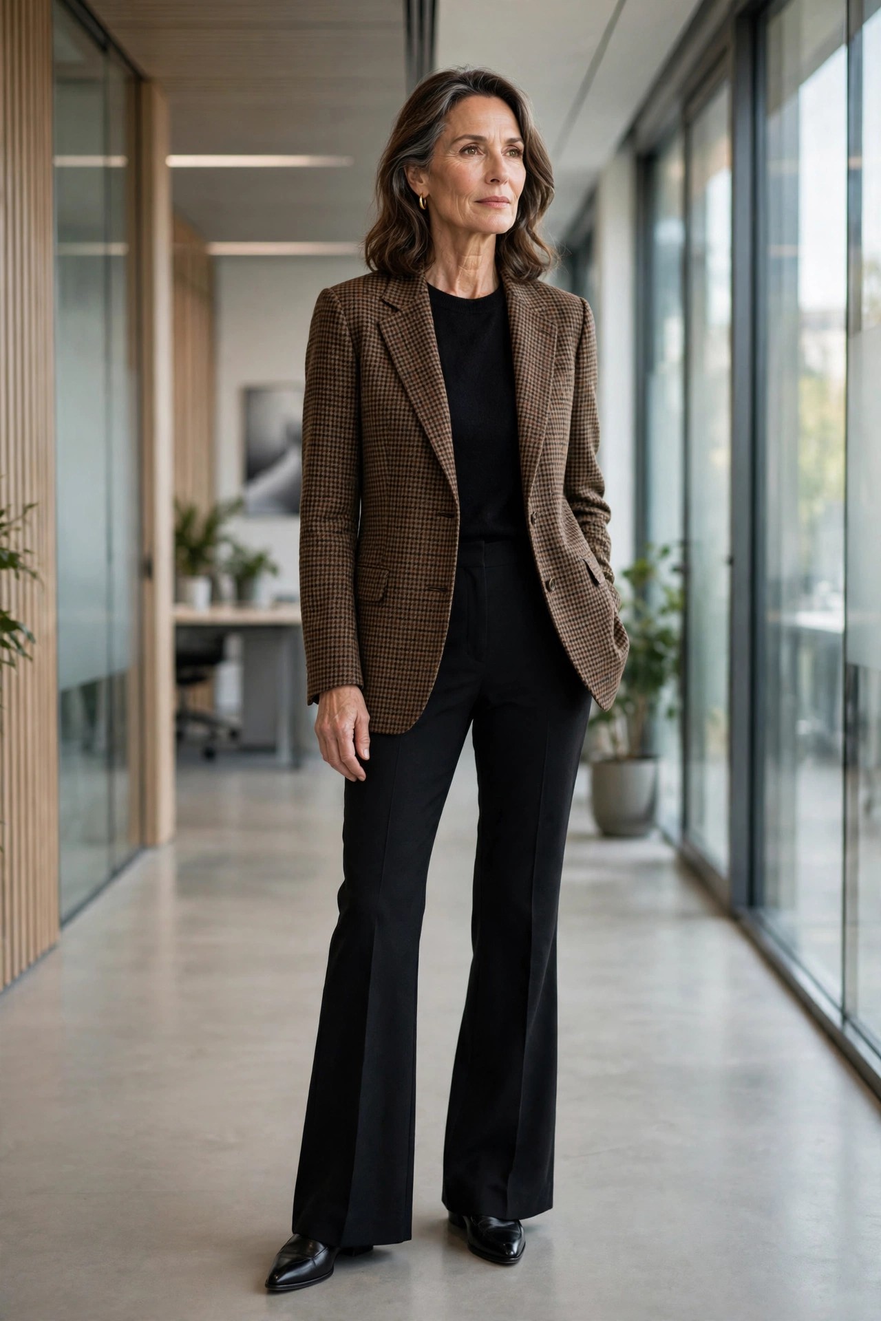 Woman over 50 in brown houndstooth blazer with black flared trousers