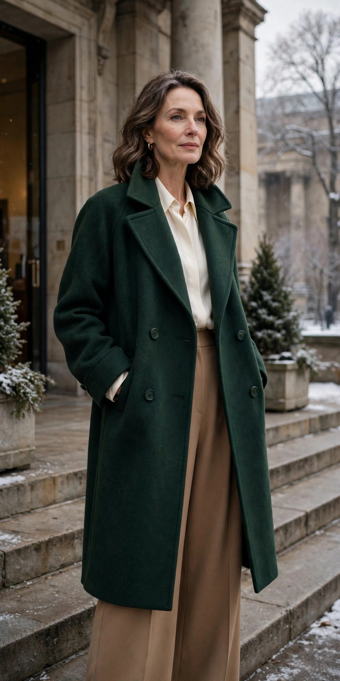 Woman over 50 in deep-green wool coat over ivory and camel