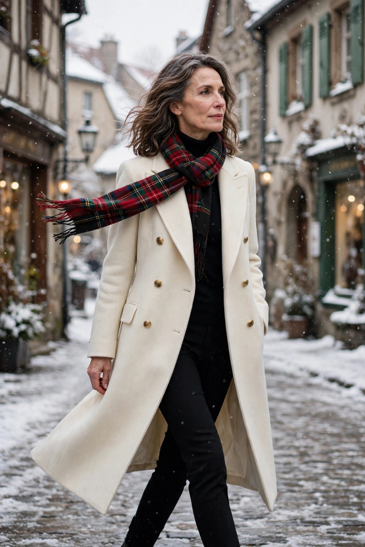 Woman over 50 in ivory double-breasted coat with plaid scarf