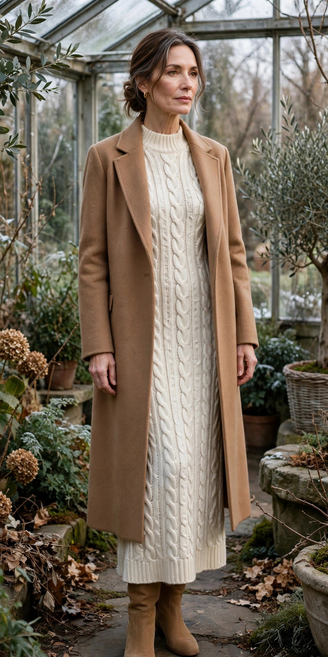 Woman over 50 in ivory cable-knit maxi dress with camel wool coat