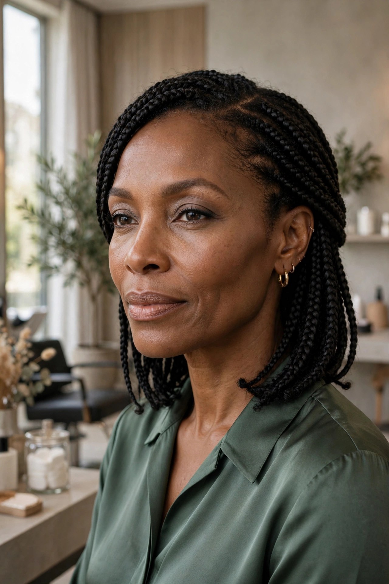 Woman in her 50s with shoulder-length knotless braids