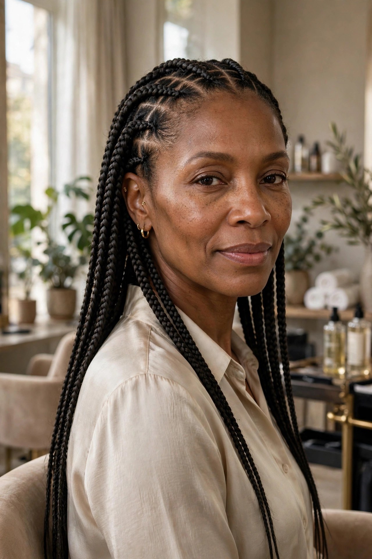 Elegant woman over 50 with classic medium box braids