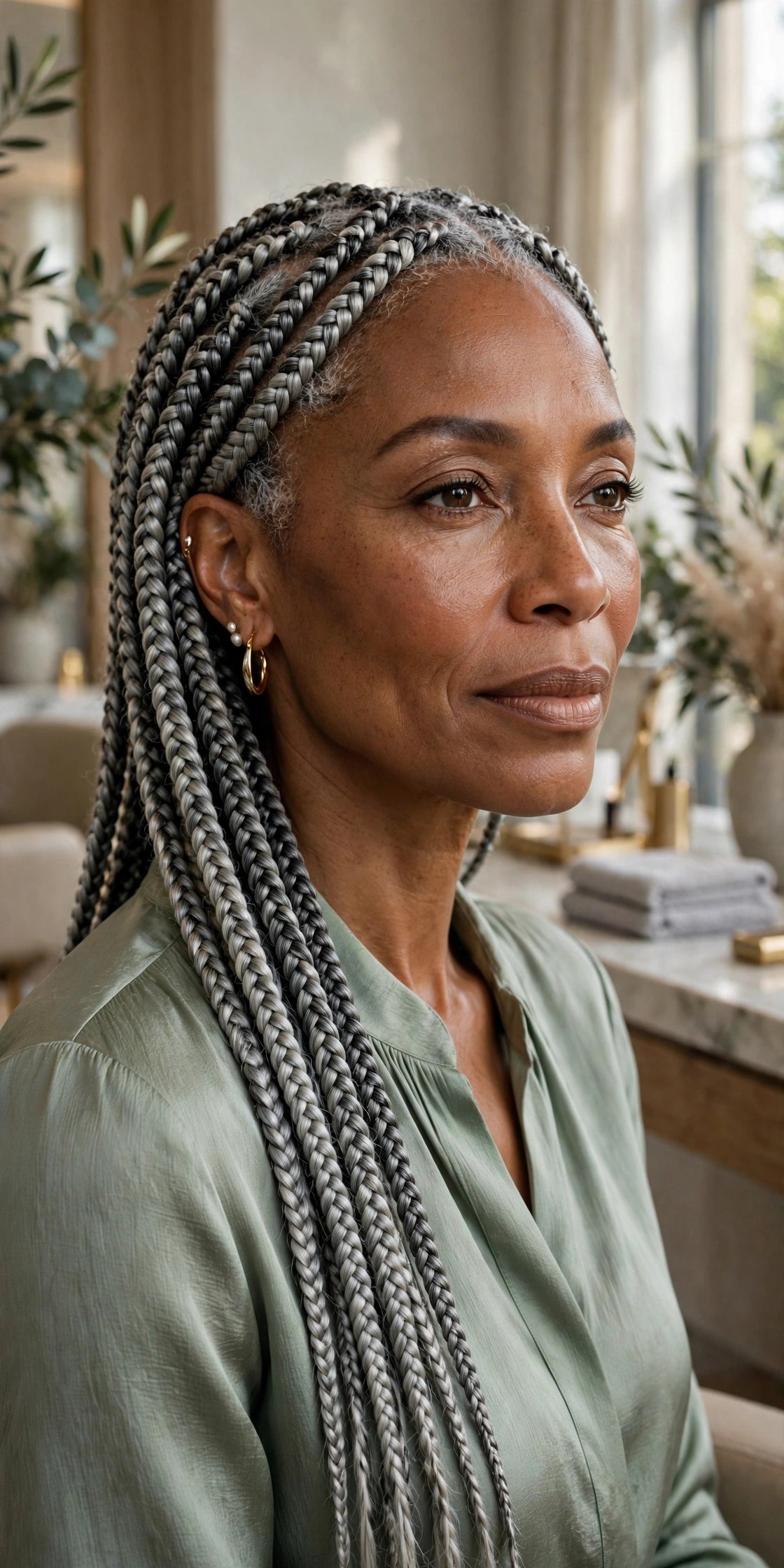 Woman over 50 with silver-blended box braids