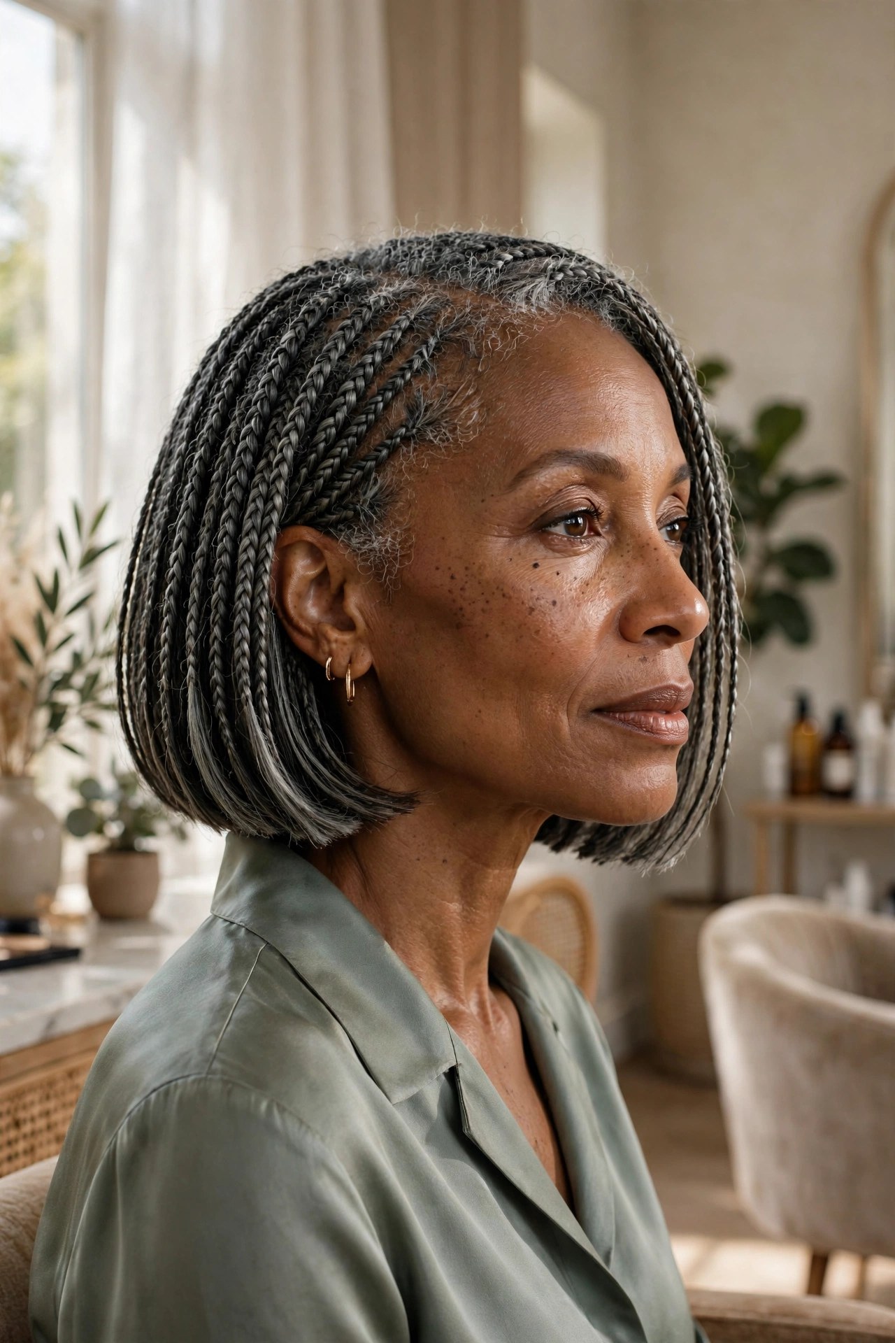 Sophisticated woman with a salt-and-pepper knotless bob
