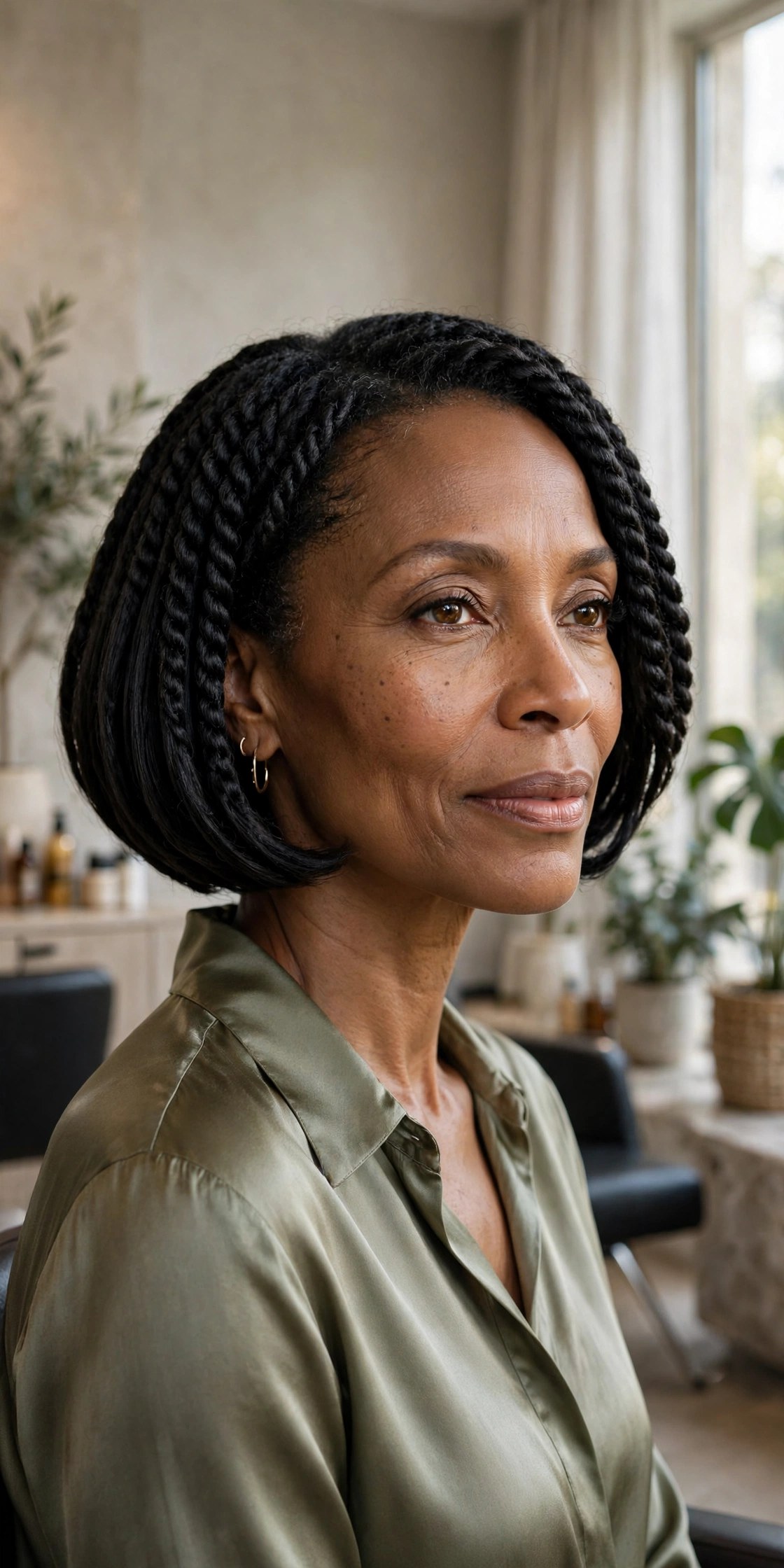 Woman over 50 with a two-strand twist bob