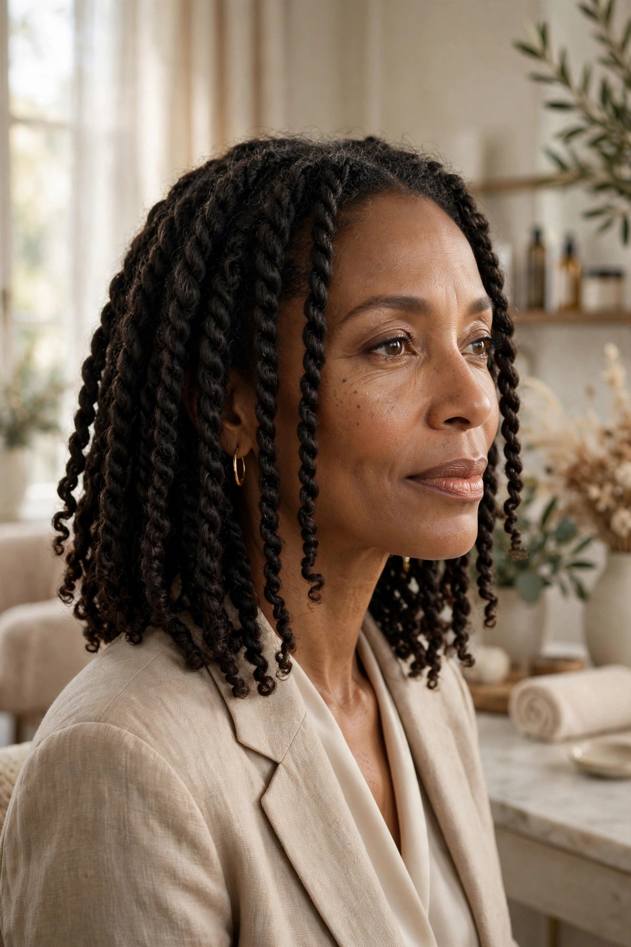 Woman over 50 with soft shoulder-length passion twists