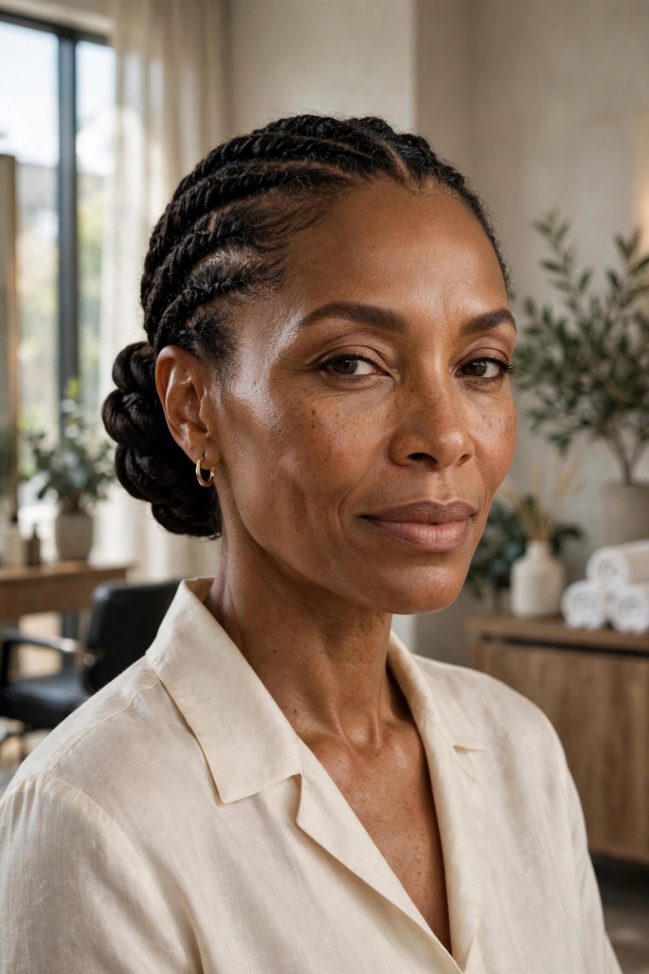 Woman with flat twists styled into a low bun