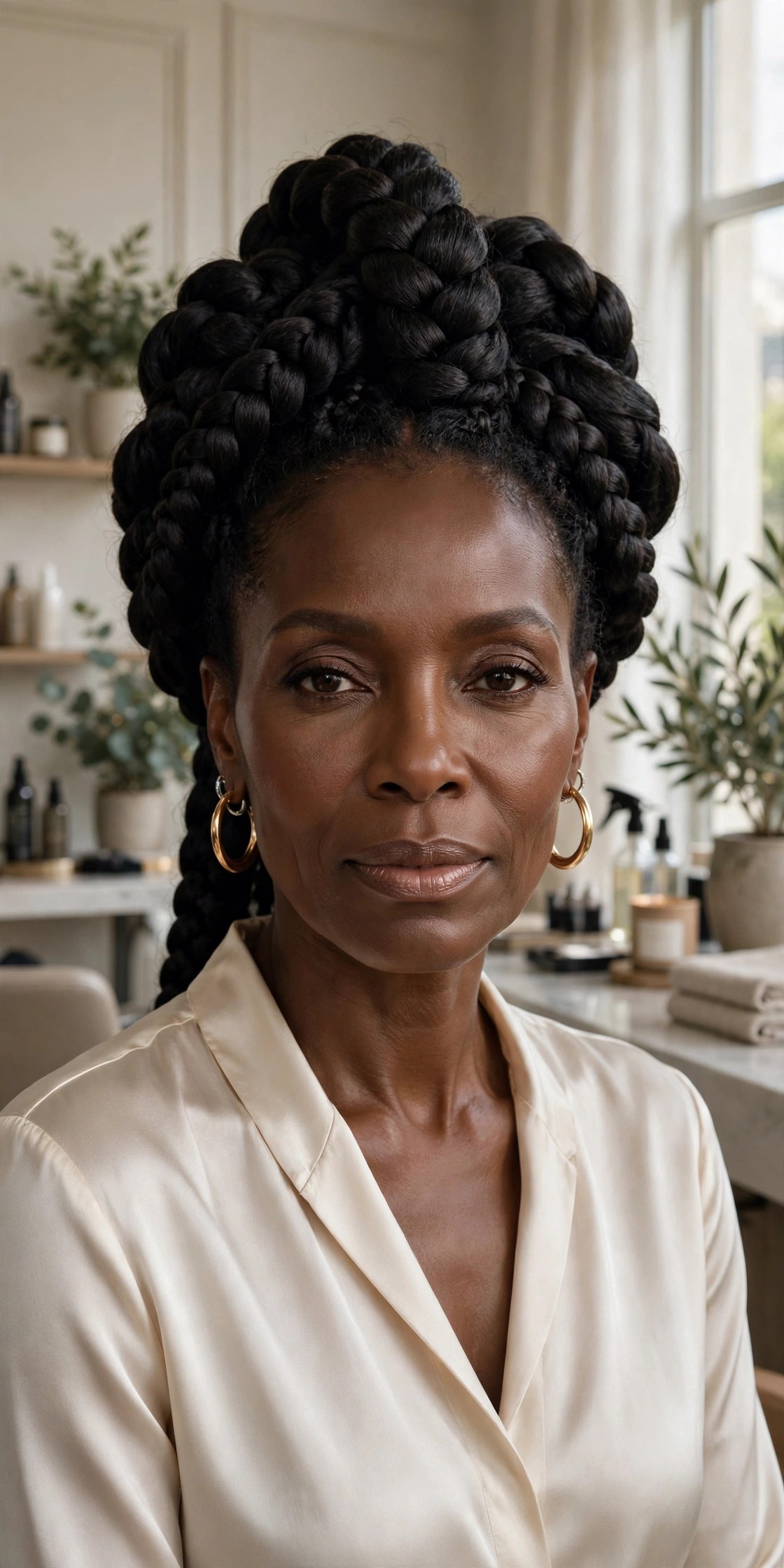 Confident woman with large goddess braids