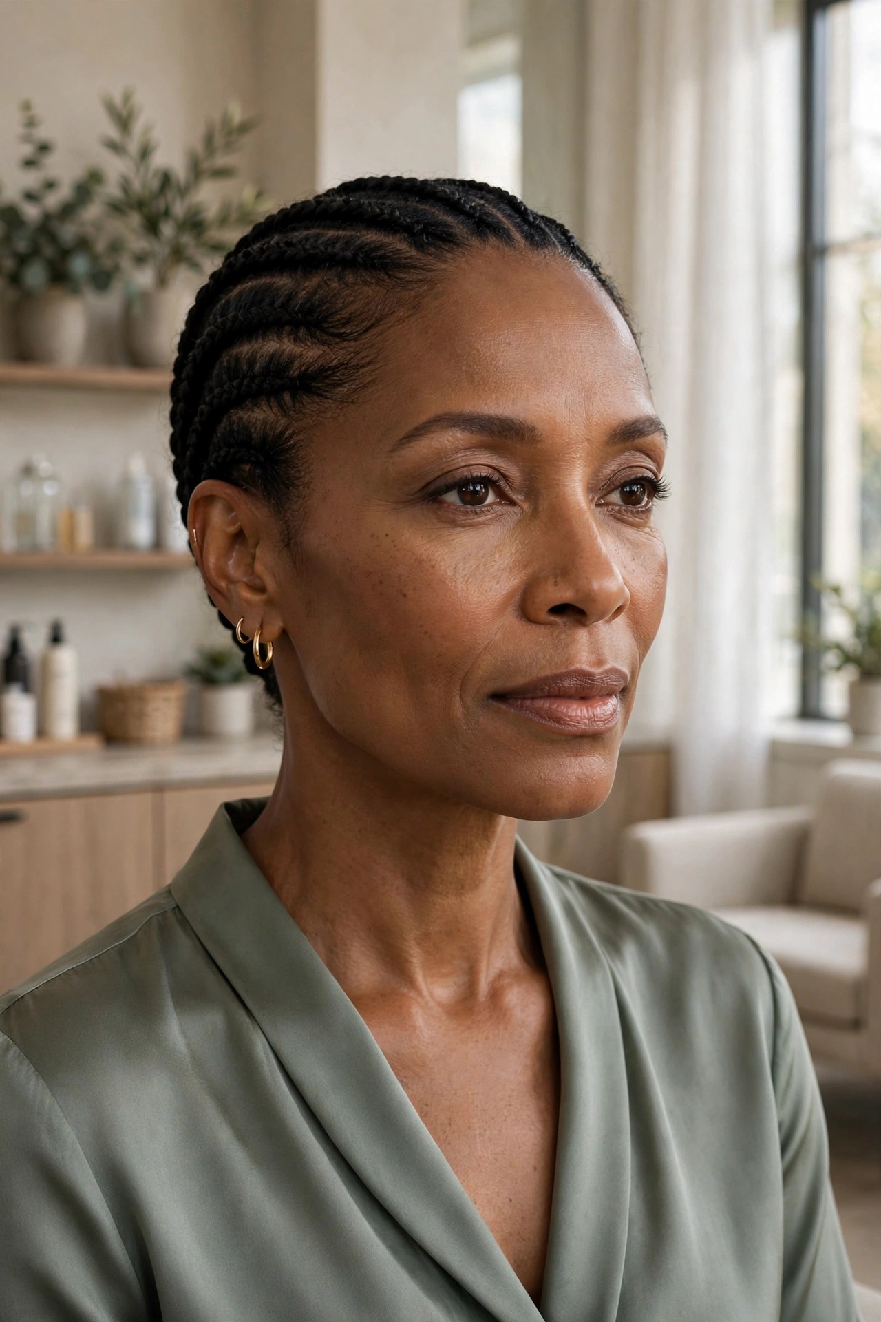 Woman with sleek straight-back feed-in cornrows