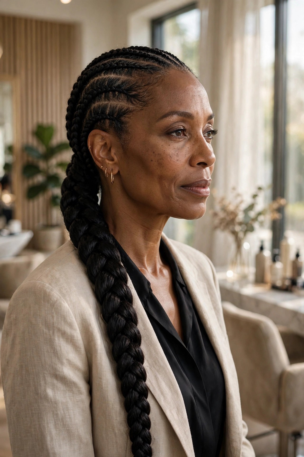 Woman with cornrows styled into a braided ponytail