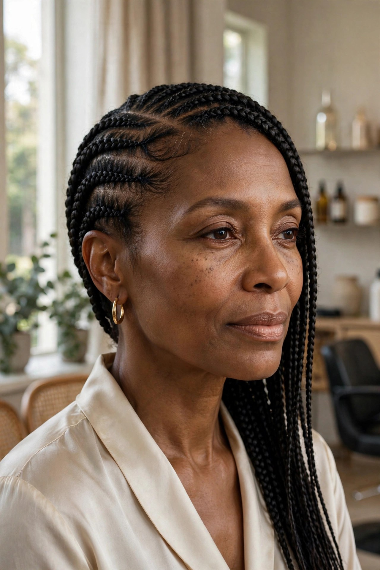 Woman with side-parted cornrows