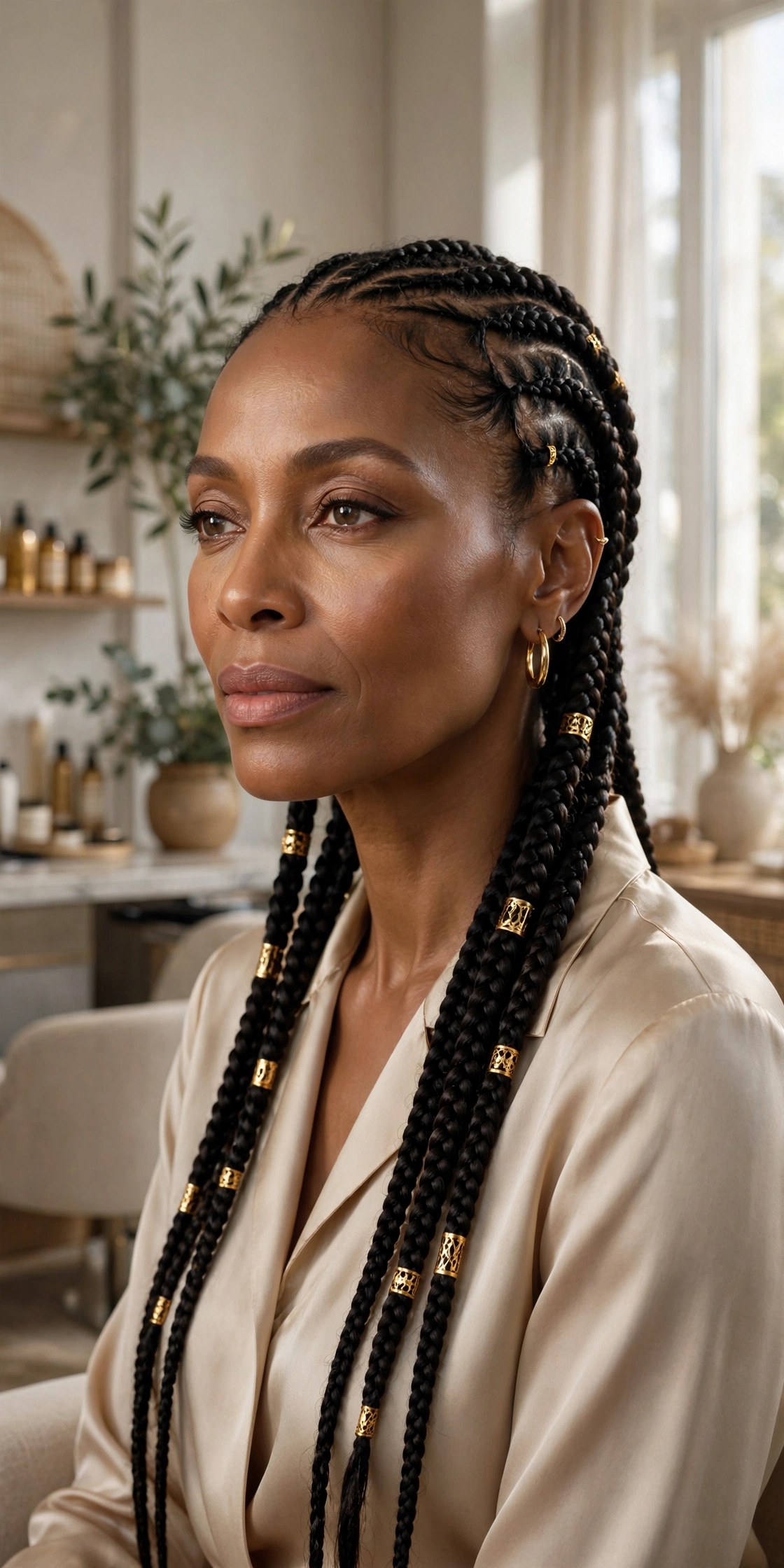 Woman wearing Fulani braids with gold cuffs