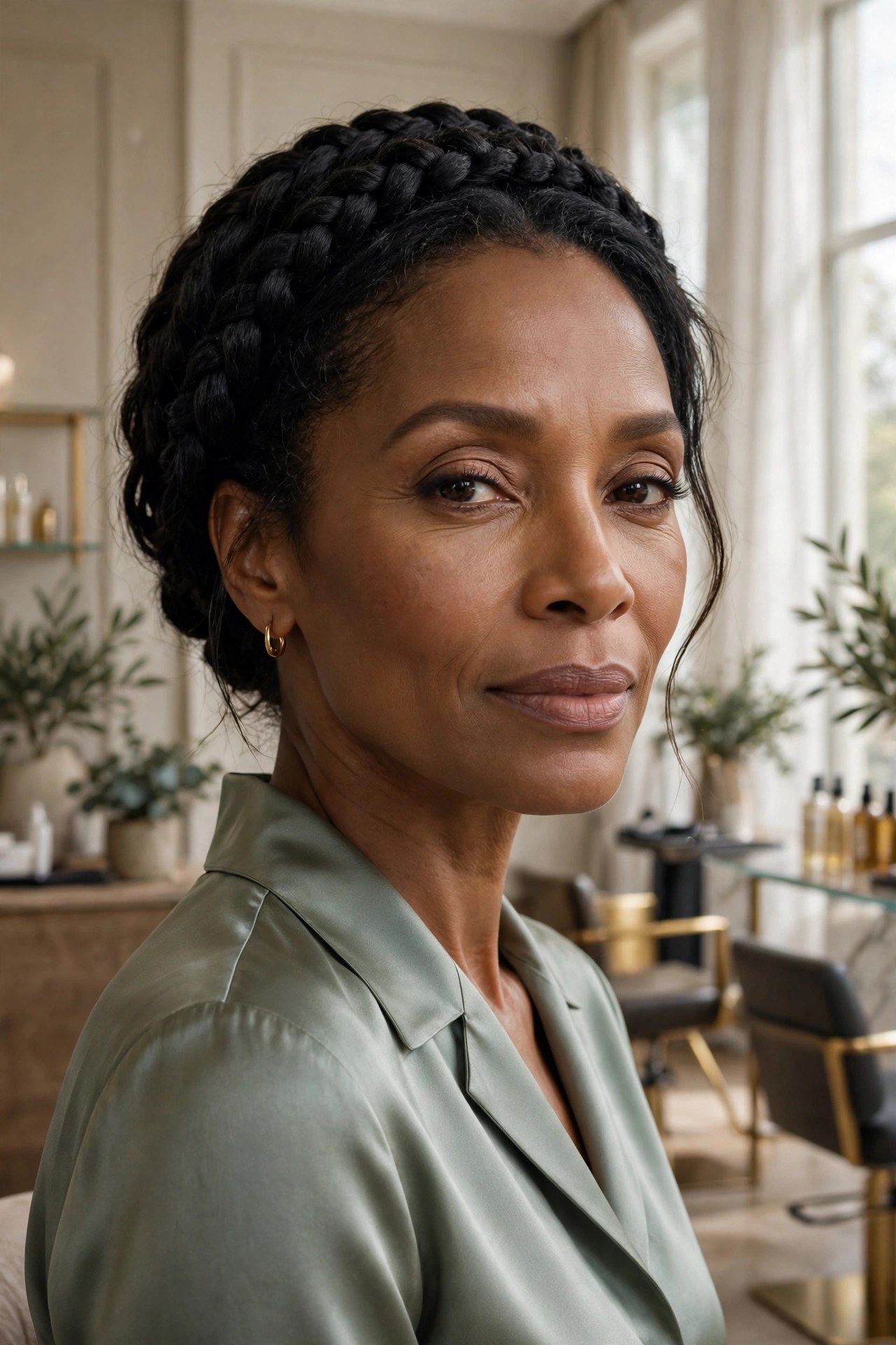 Elegant woman over 50 with a halo crown braid