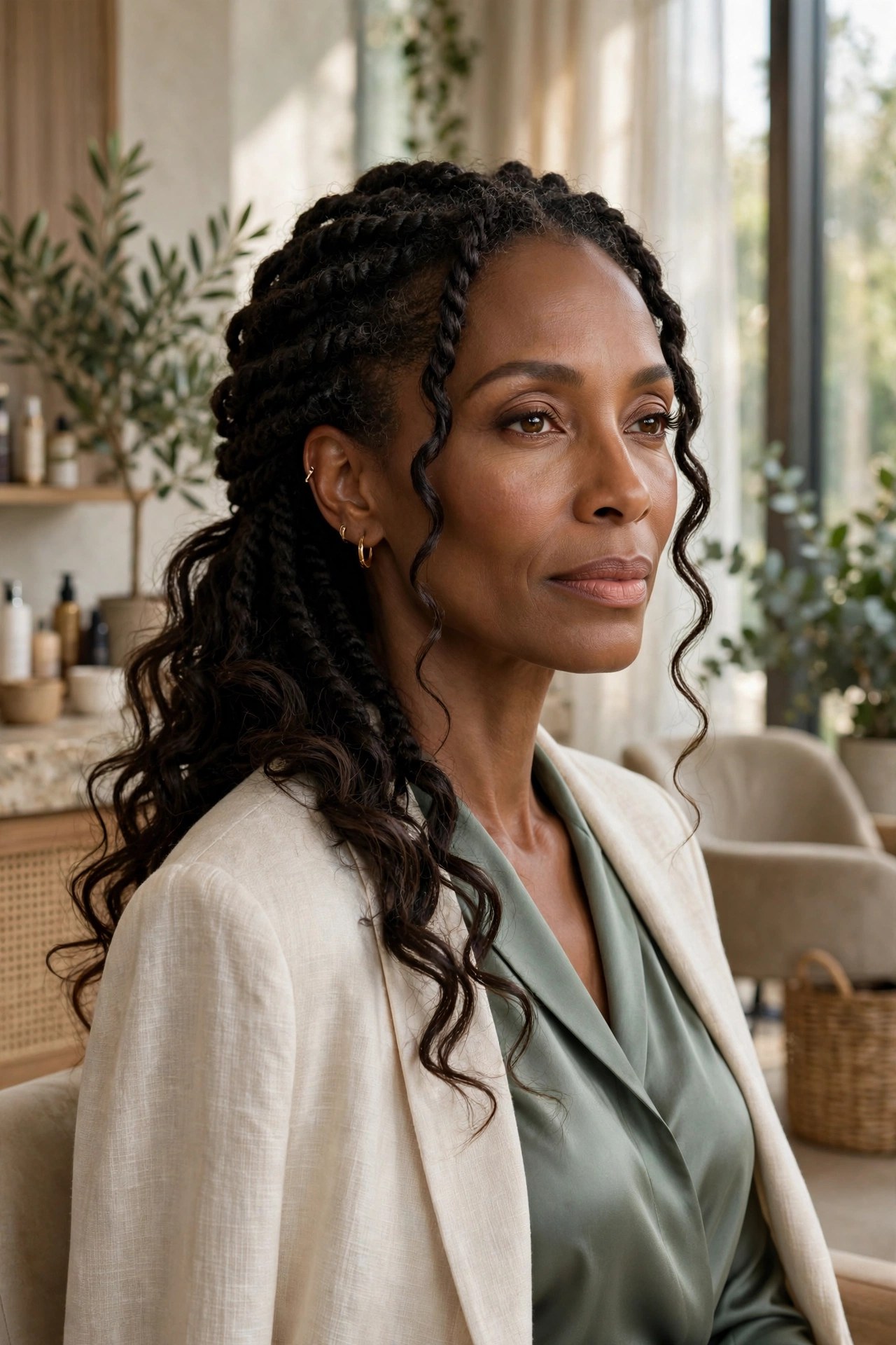 Woman with goddess twists and wavy ends