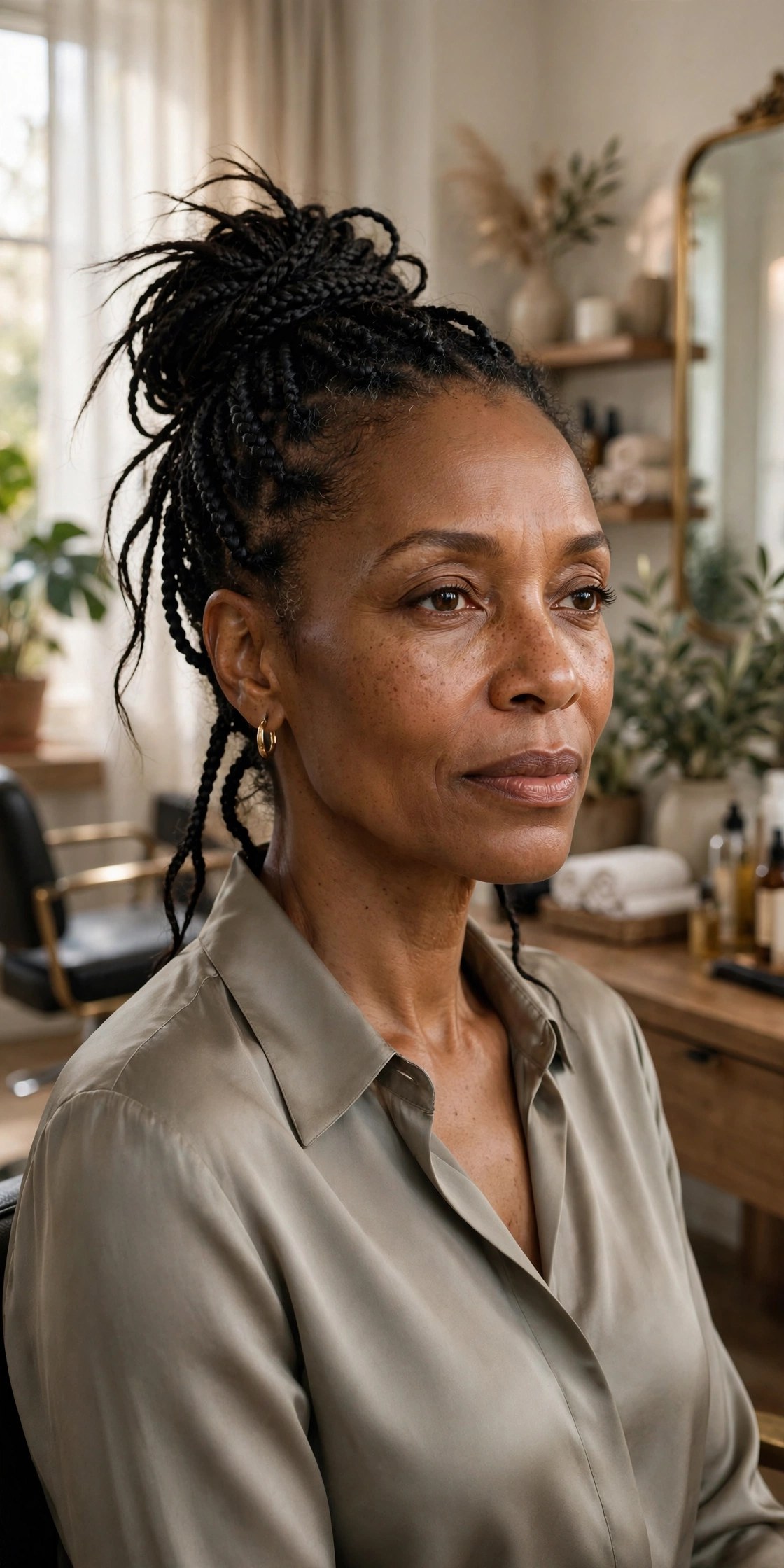 Woman with box braids styled in a high bun