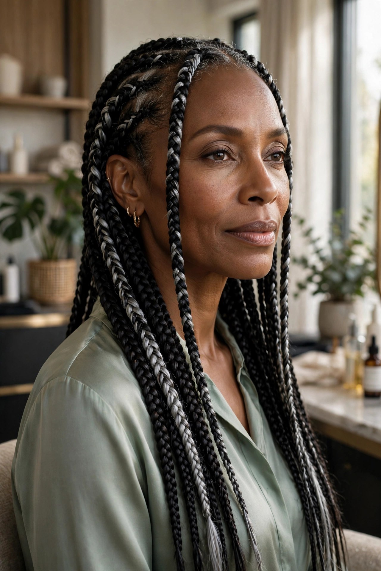 Woman with long knotless braids and silver streaks