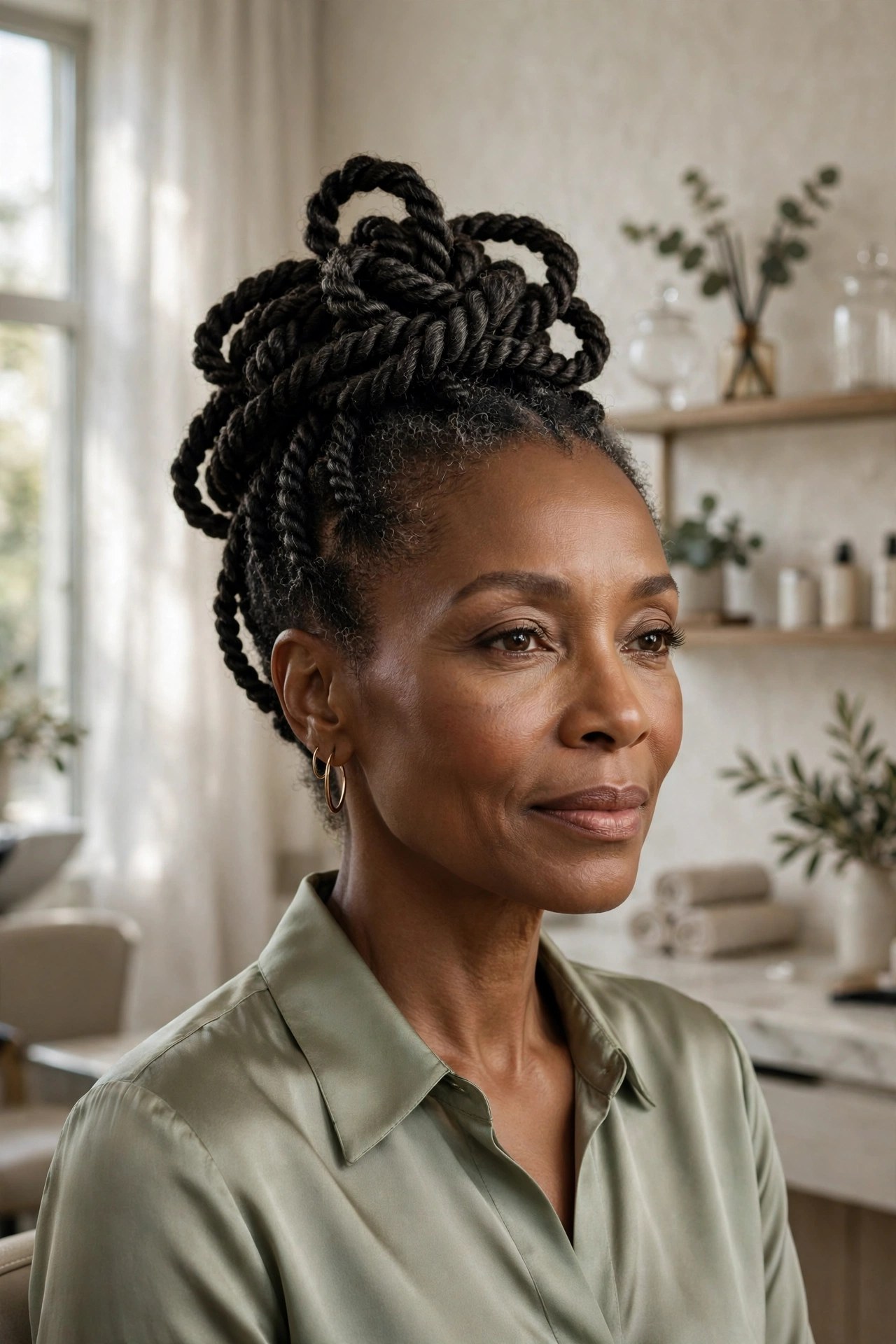 Woman with a sculpted rope twist updo