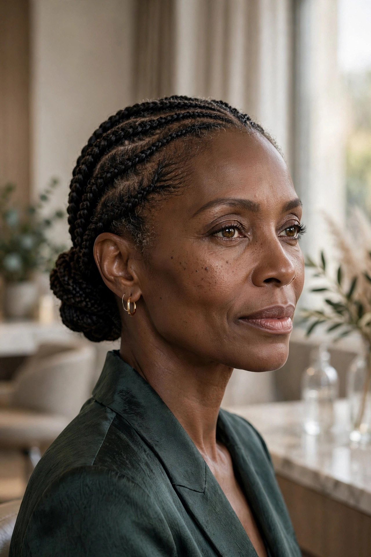 Woman with side-swept cornrows in a bun
