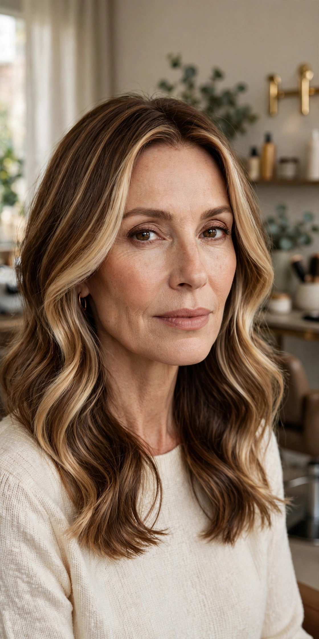 Chestnut brown hair with butterscotch blonde balayage melt and bright face frame