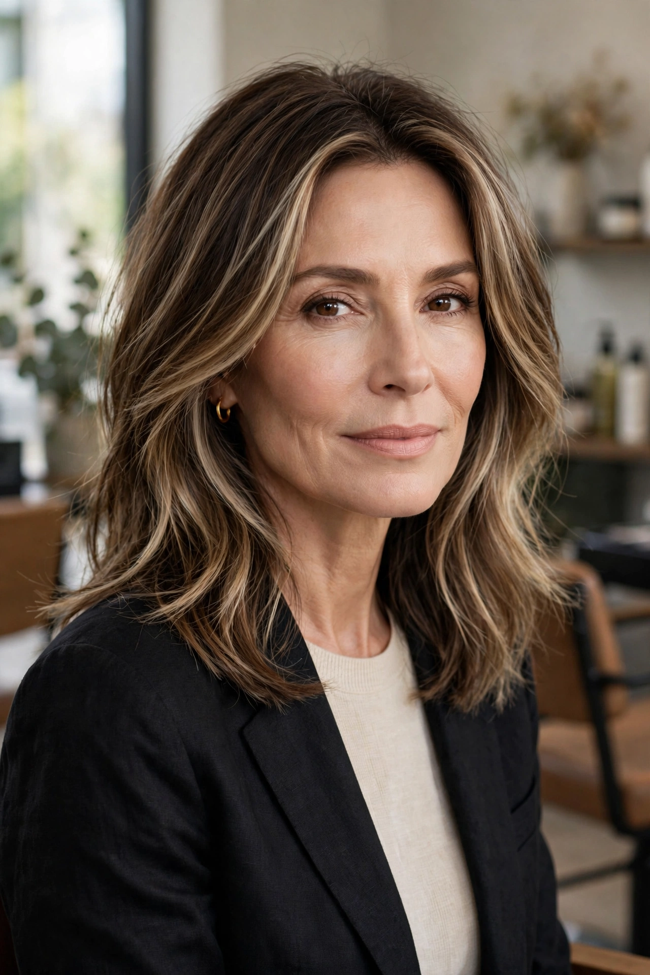 Mid-length brunette hair with soft toffee blonde balayage and diffused money piece