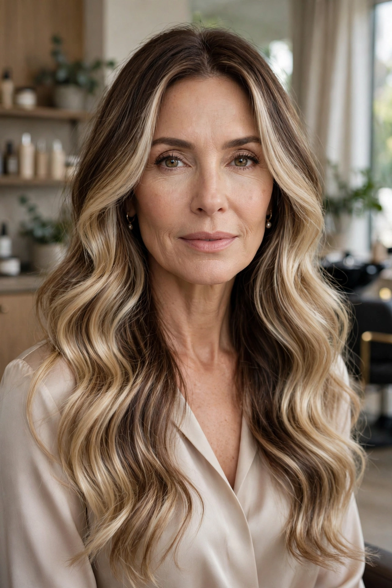 Long mermaid waves with champagne blonde balayage and curtain face-framing pieces