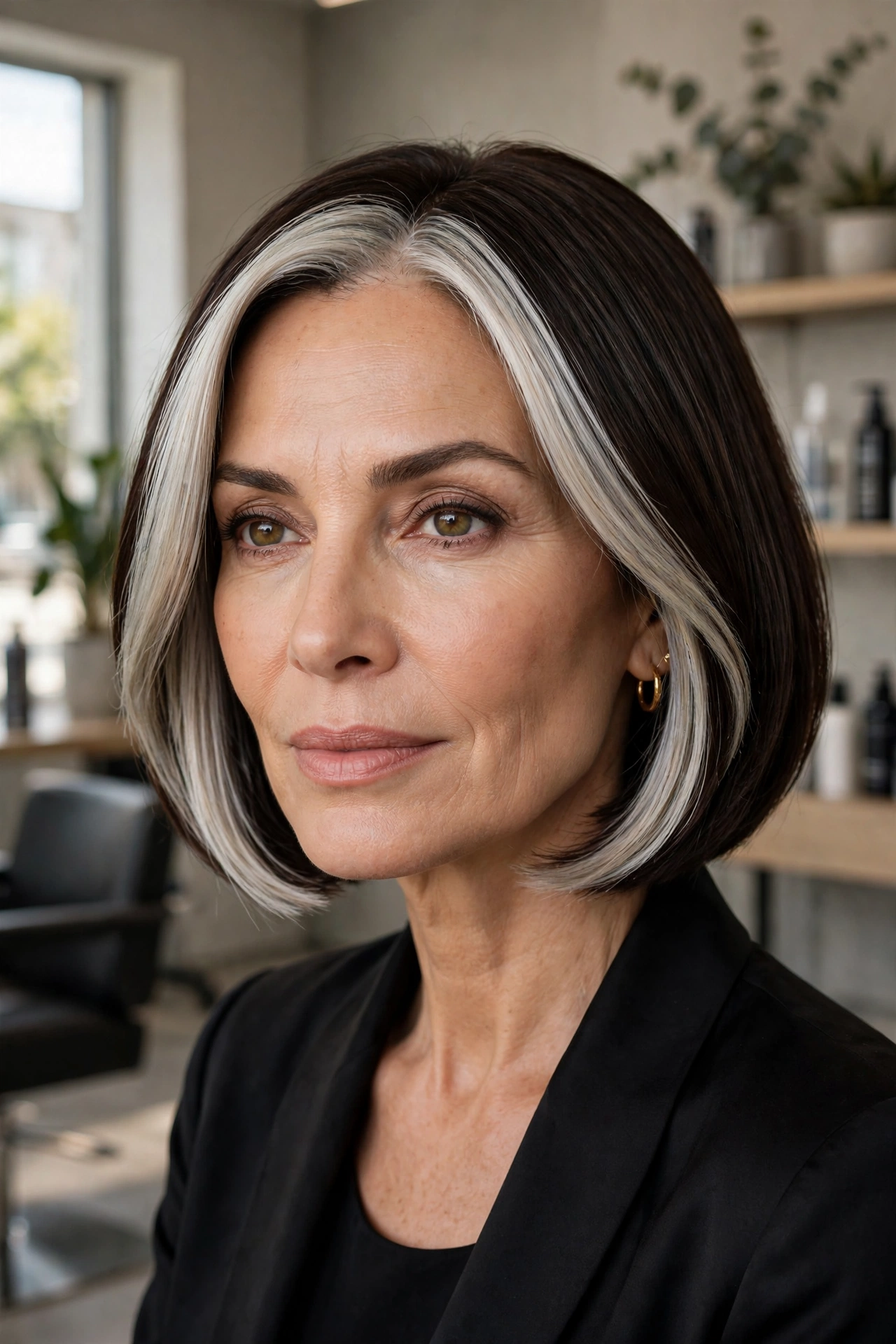 Deep brunette bob with silver blonde money piece framing the face
