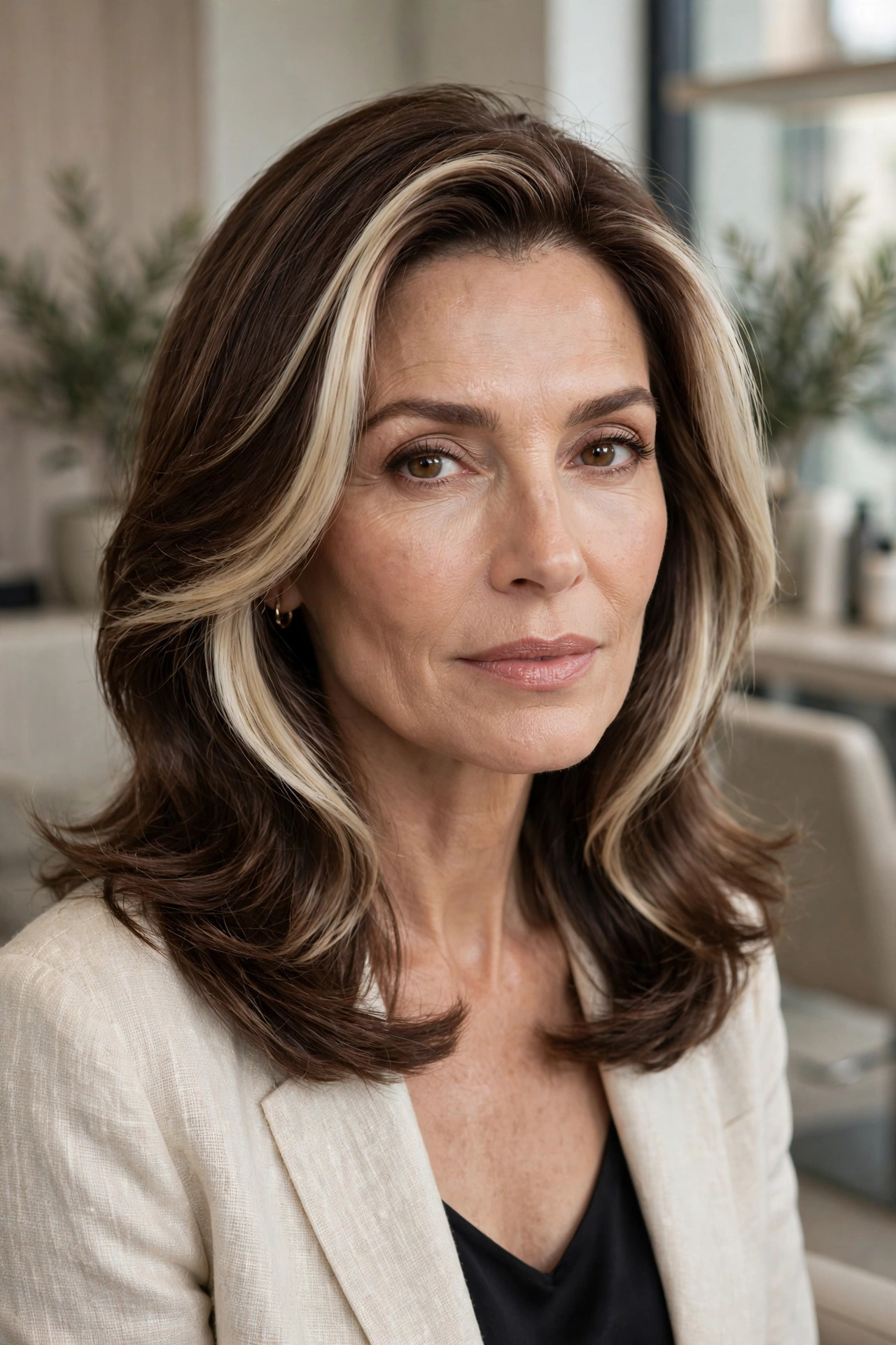Cool mocha brunette hair with creamy vanilla blonde face-framing money piece