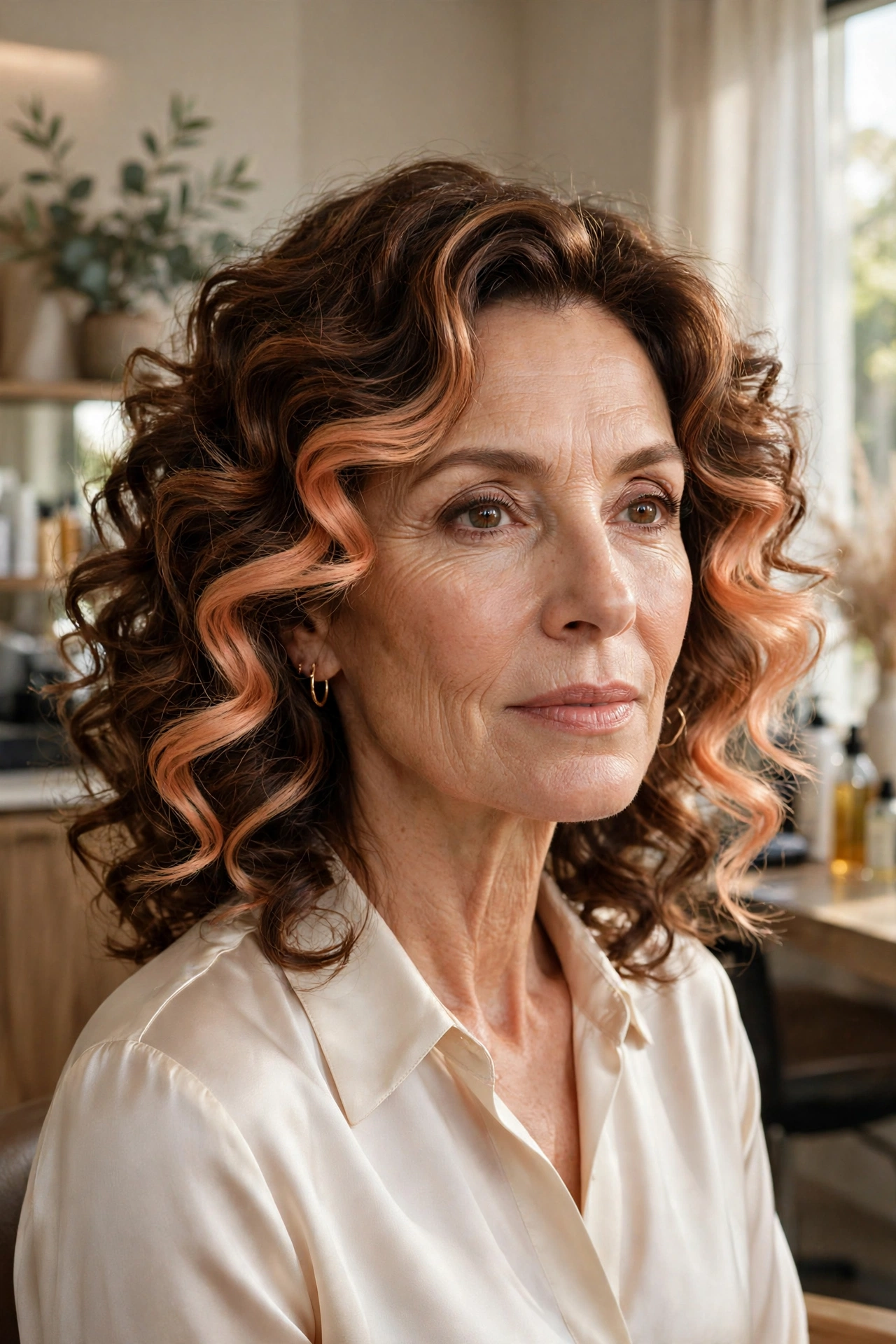 Warm brunette curls with apricot peach money piece at the face
