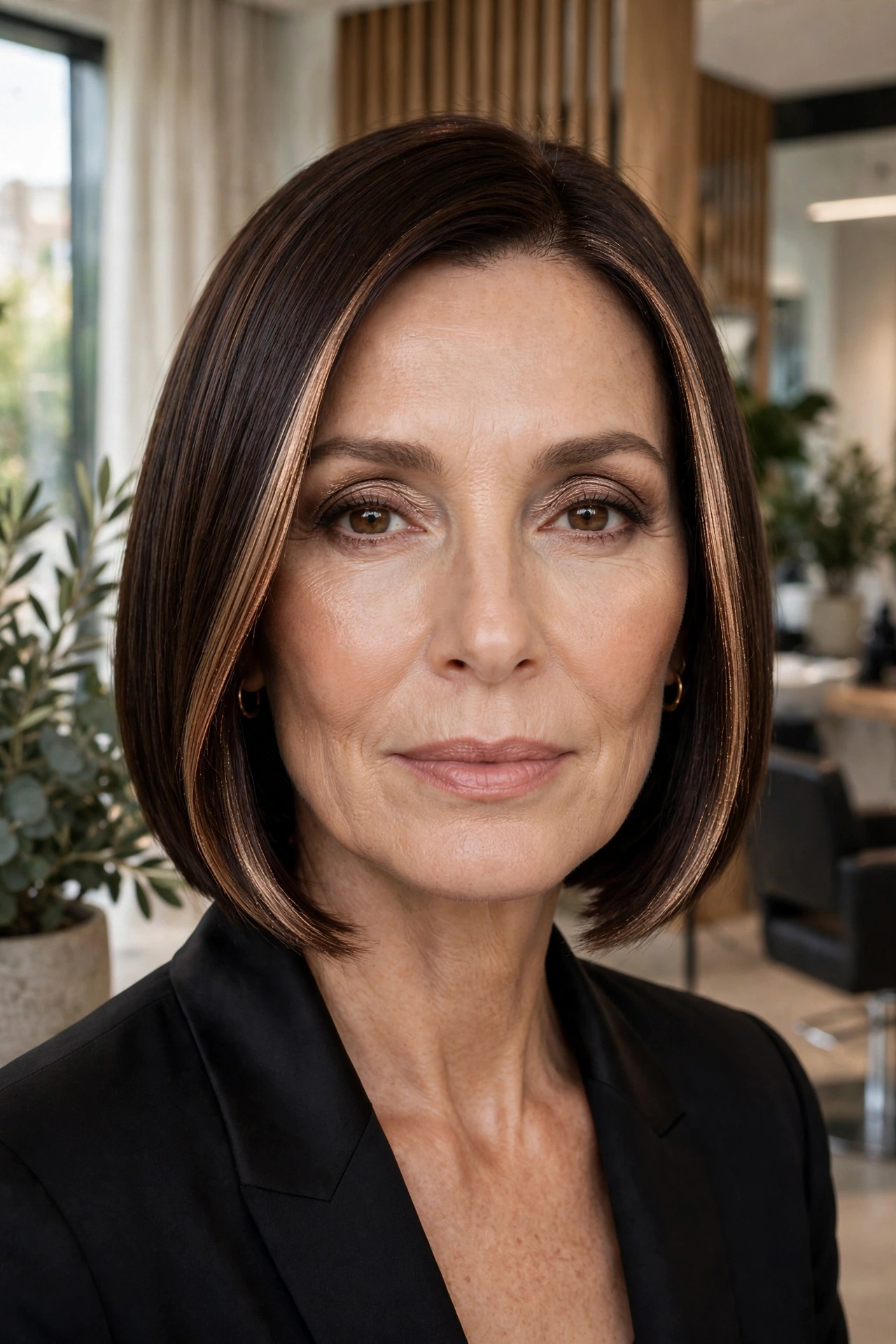Sleek straight brunette lob with smoked bronze metallic money piece