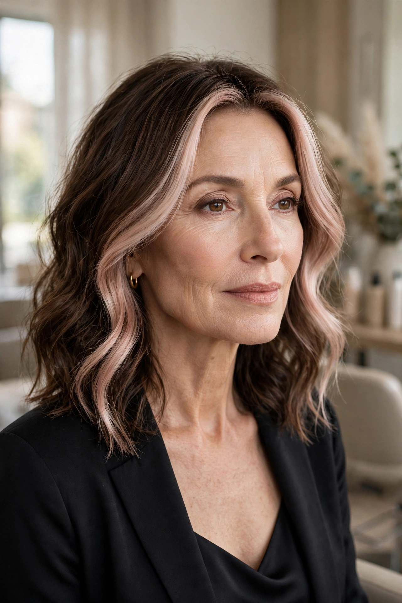 Soft brunette waves with blush pink champagne money piece at the face
