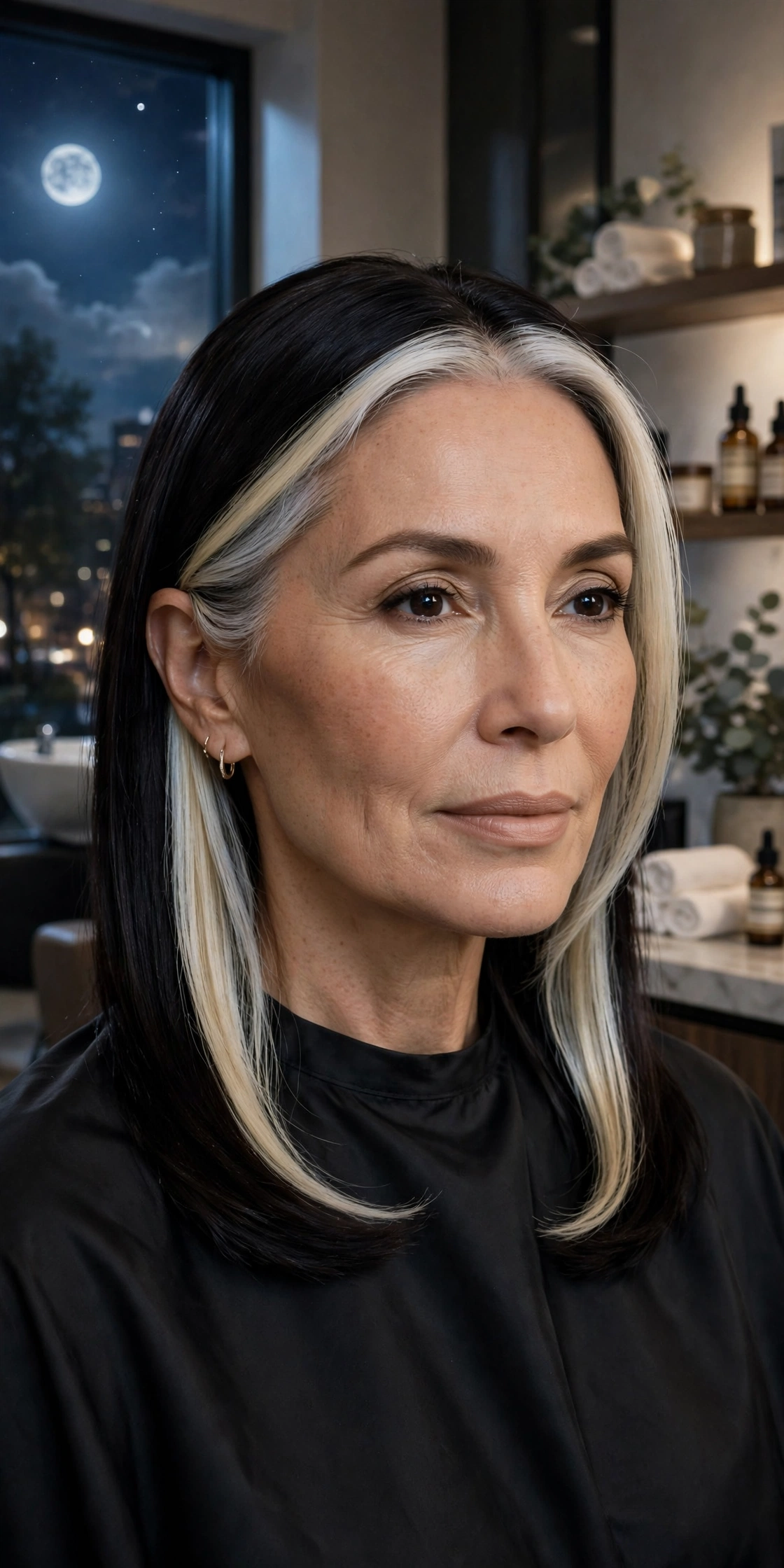 Near-black brunette hair with moonlight silvery blonde money piece
