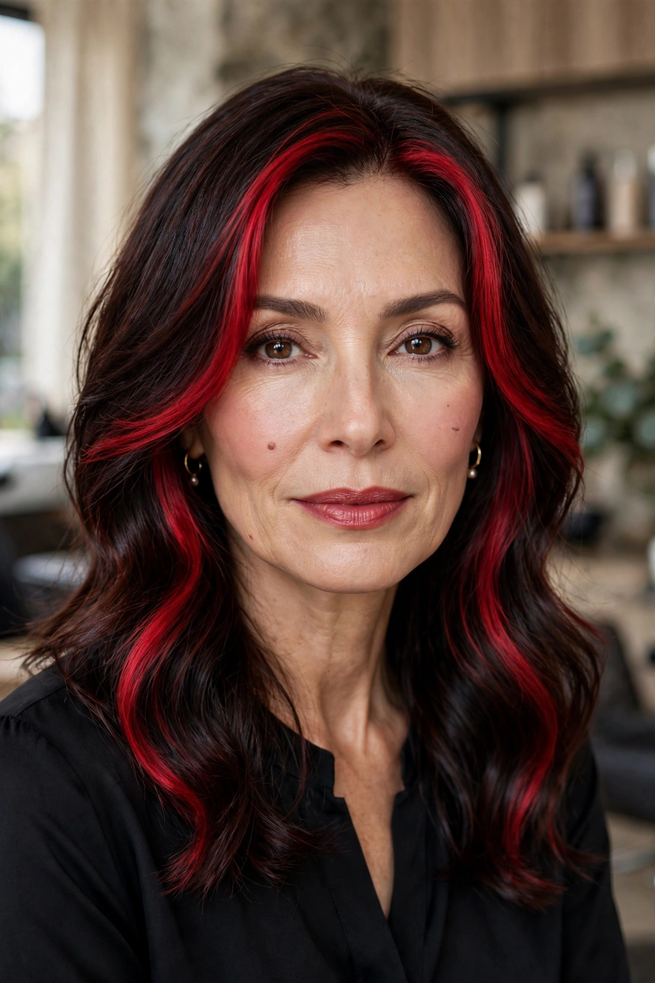 Black cherry brunette hair with cherry red balayage and brighter cherry money piece