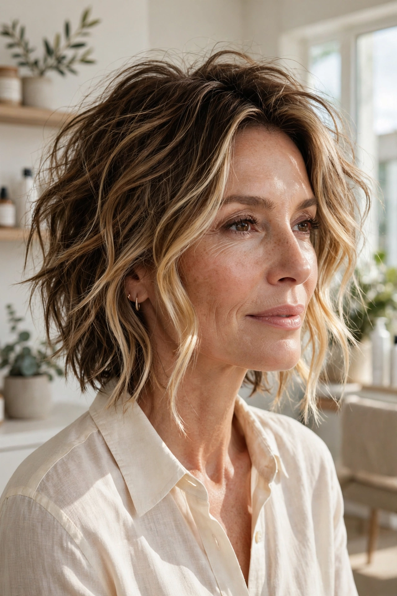 Tousled brunette lob with sun-kissed bronde balayage and bright money piece