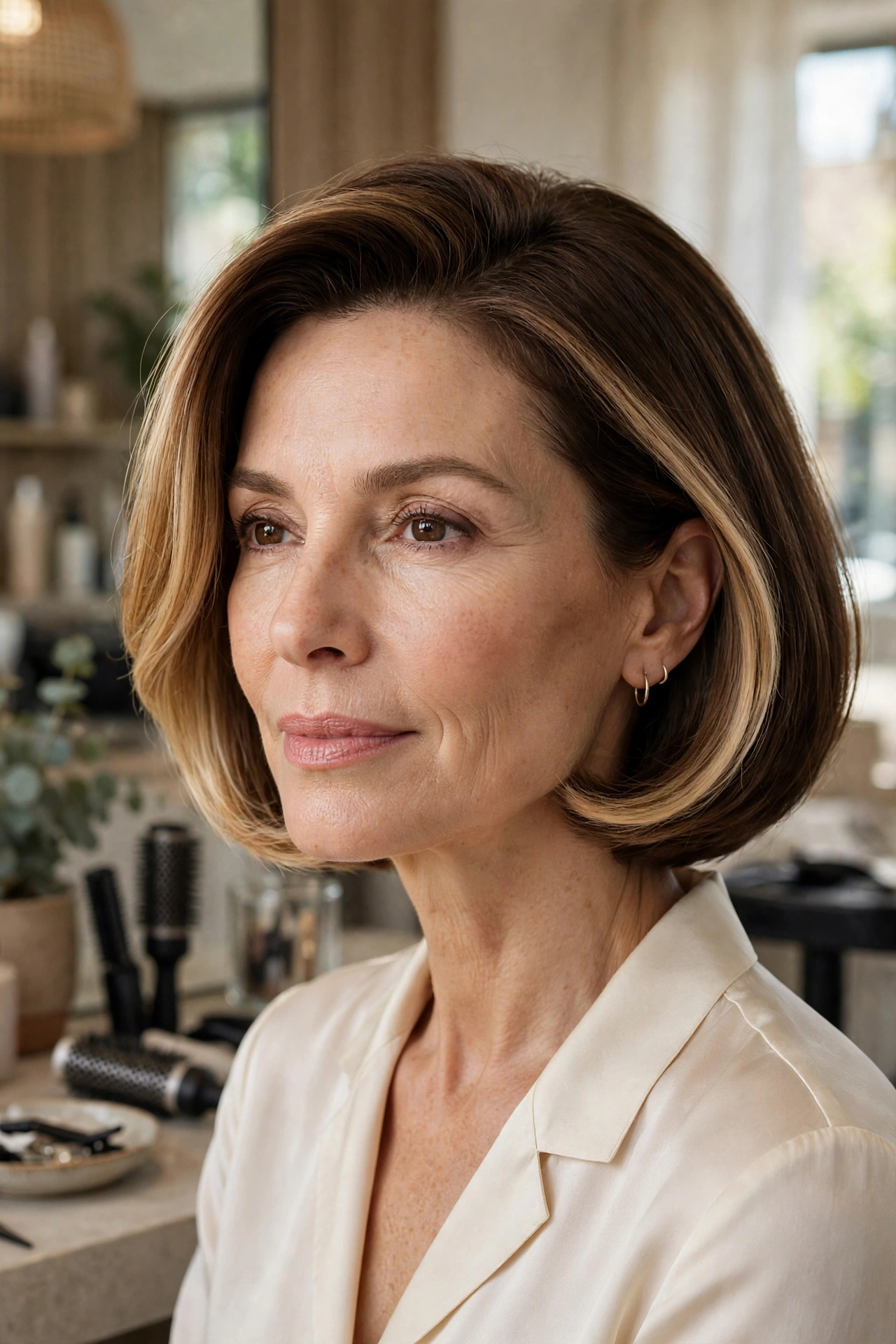 Classic brunette bob with natural wheat blonde money piece at the face
