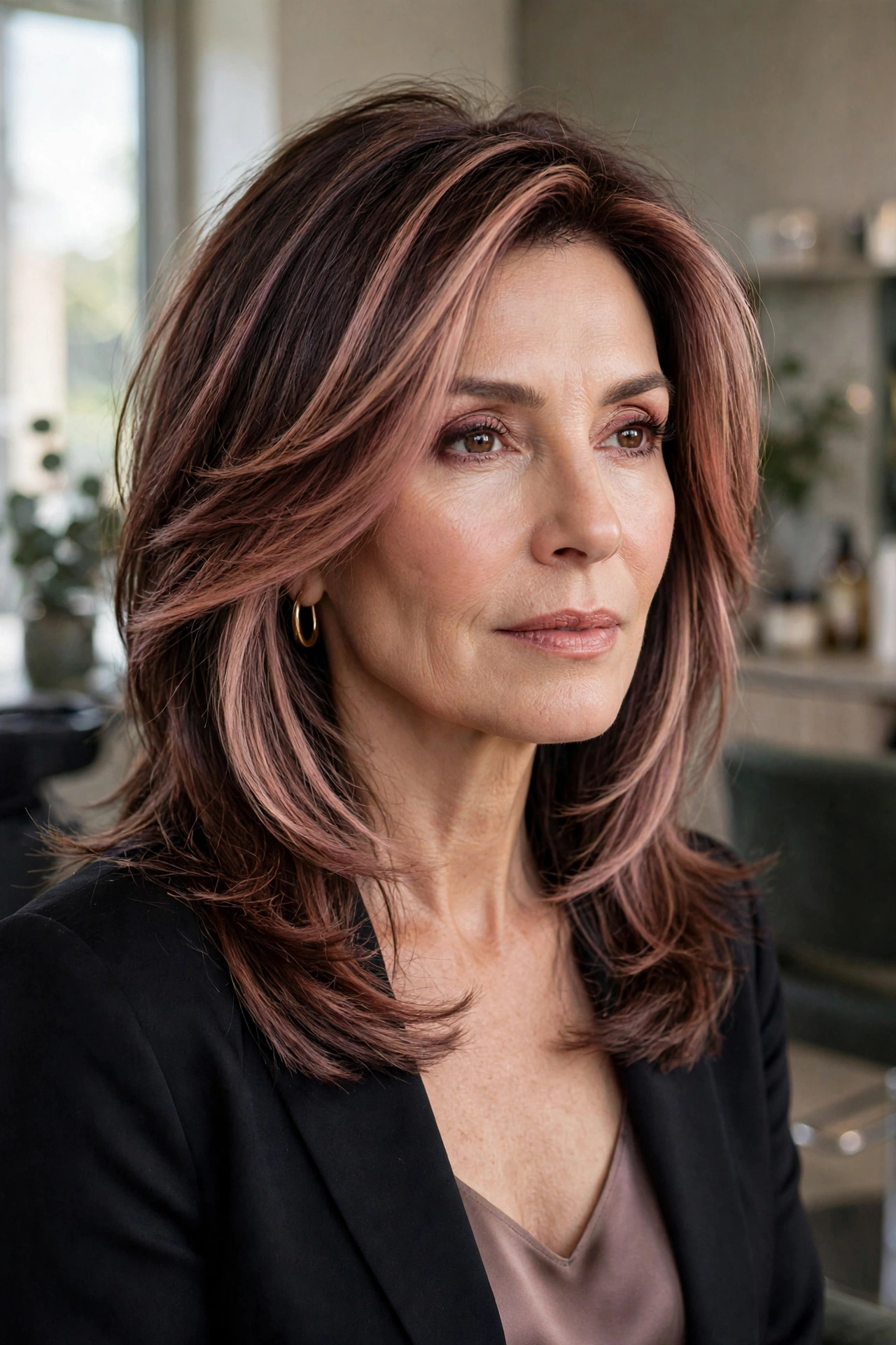 Deep brunette layers with rosewood reddish-brown blonde money piece
