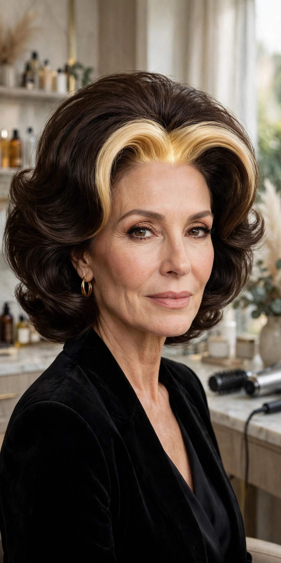 Voluminous brunette blowout with bright golden money piece at the part
