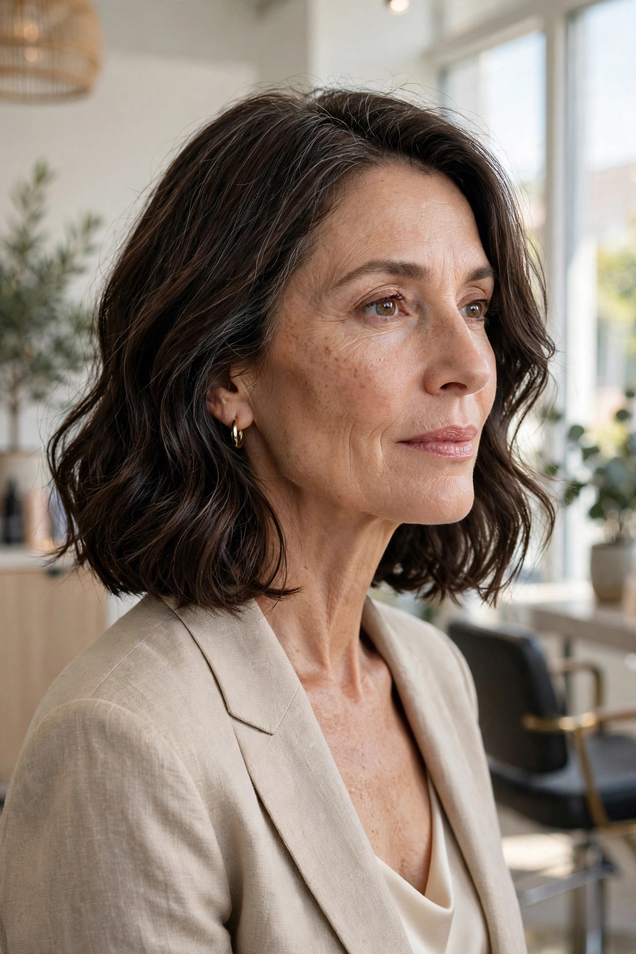 Softly bent blunt lob on a woman in her 50s