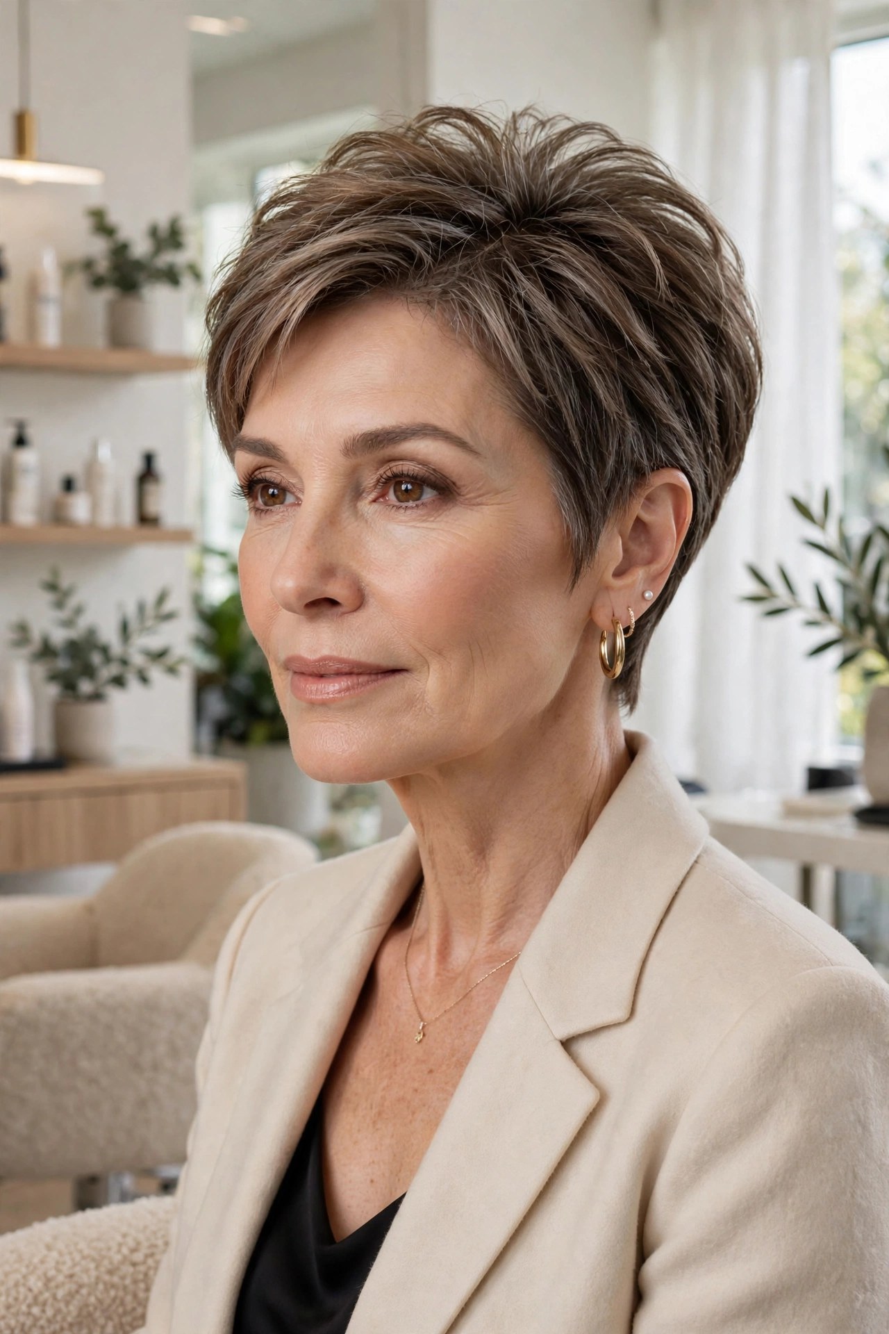 Pixie bob with teased crown volume on a woman in her 50s