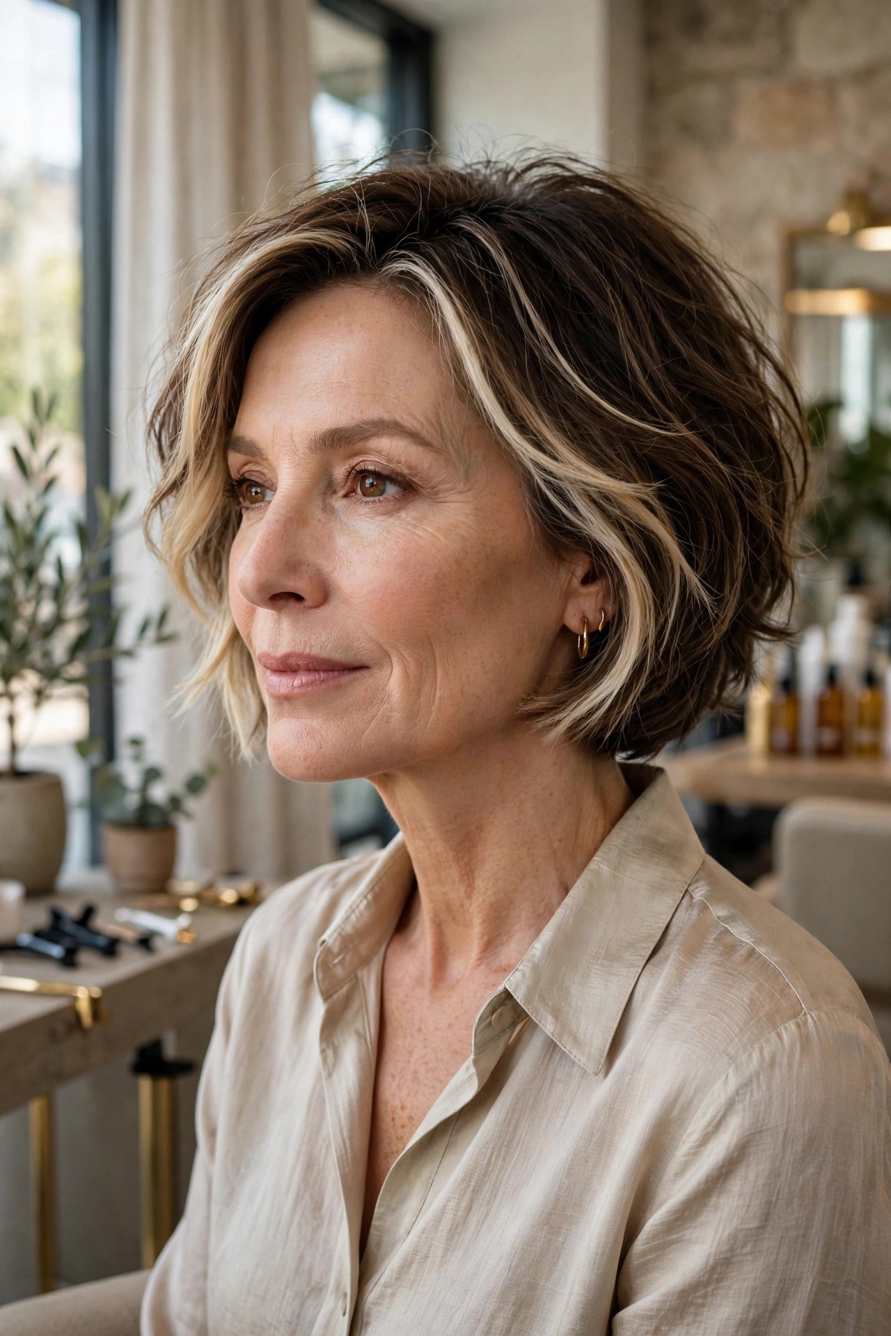 Textured French bob with money piece highlights on a woman in her 50s