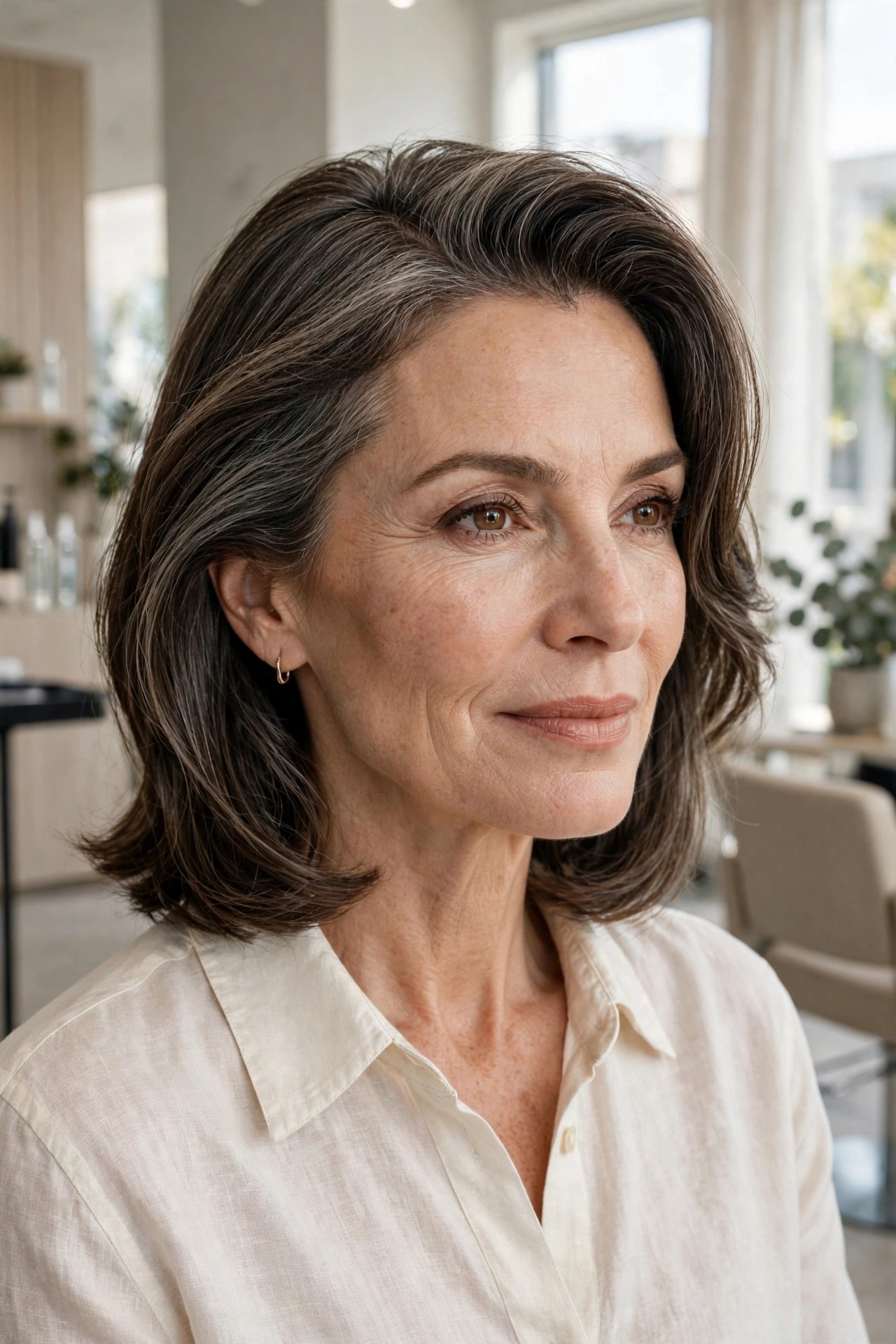 Side parted lob with root volume on a woman in her 50s
