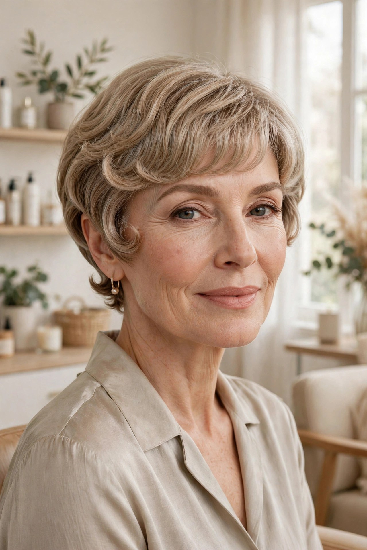 Pixie with curled under ends and soft bangs on a woman in her 50s