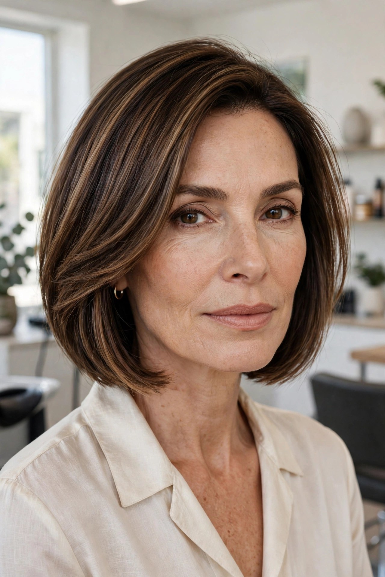 Dimensional brunette bob on a woman in her 50s