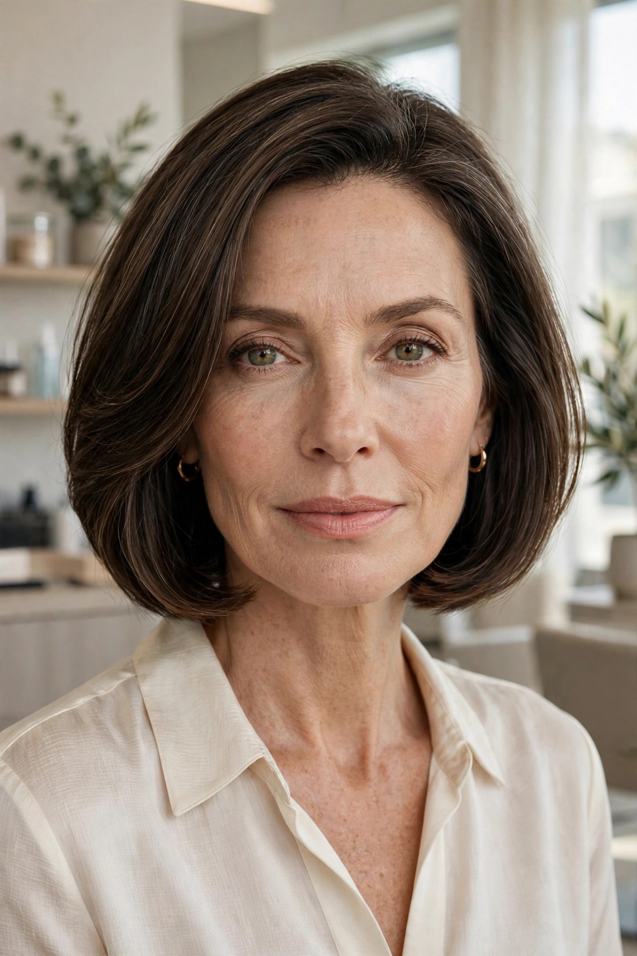 Softly graduated chin bob on a woman in her 50s