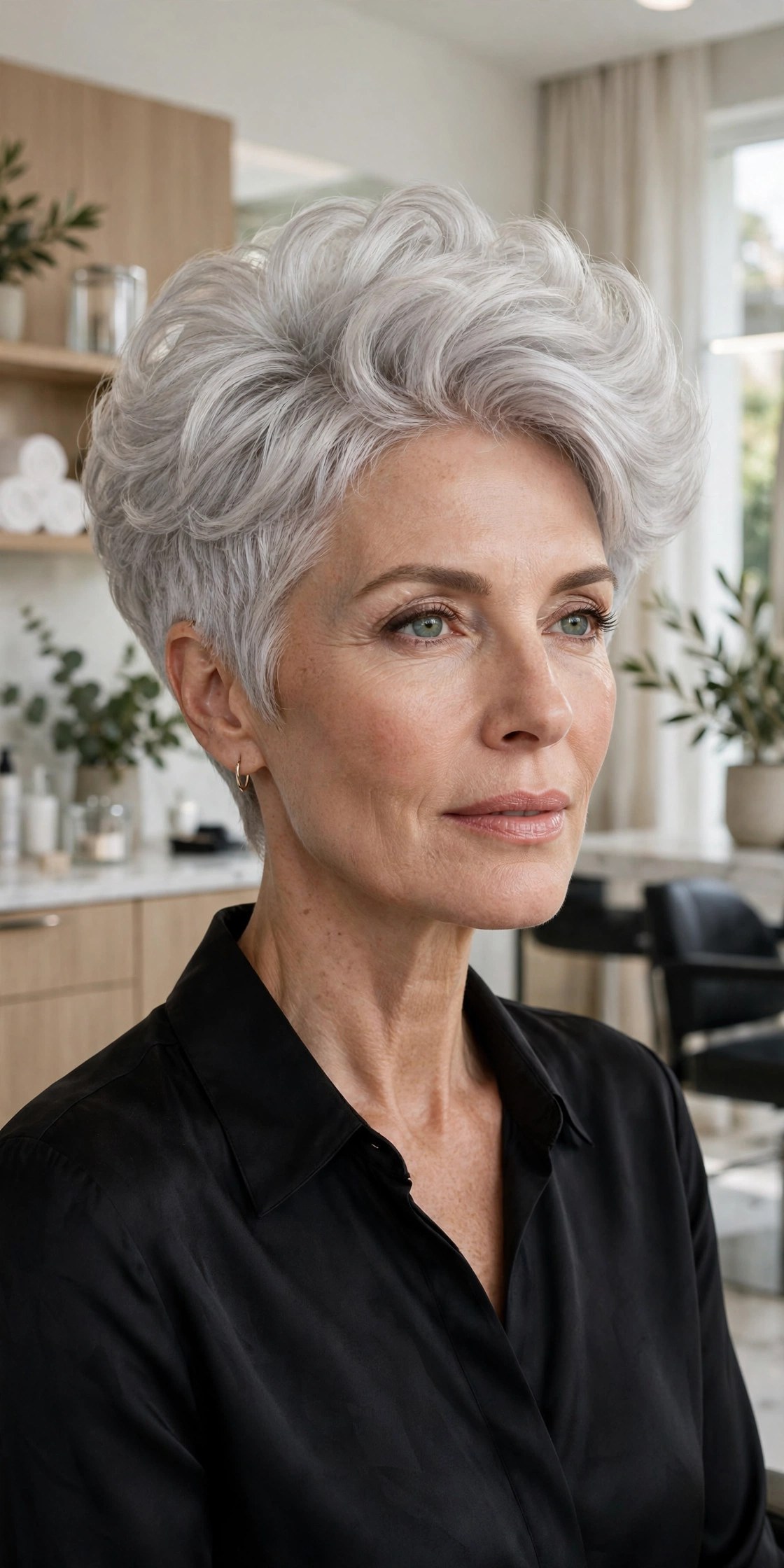 Silver pixie with bouncy blowout on a woman in her 50s