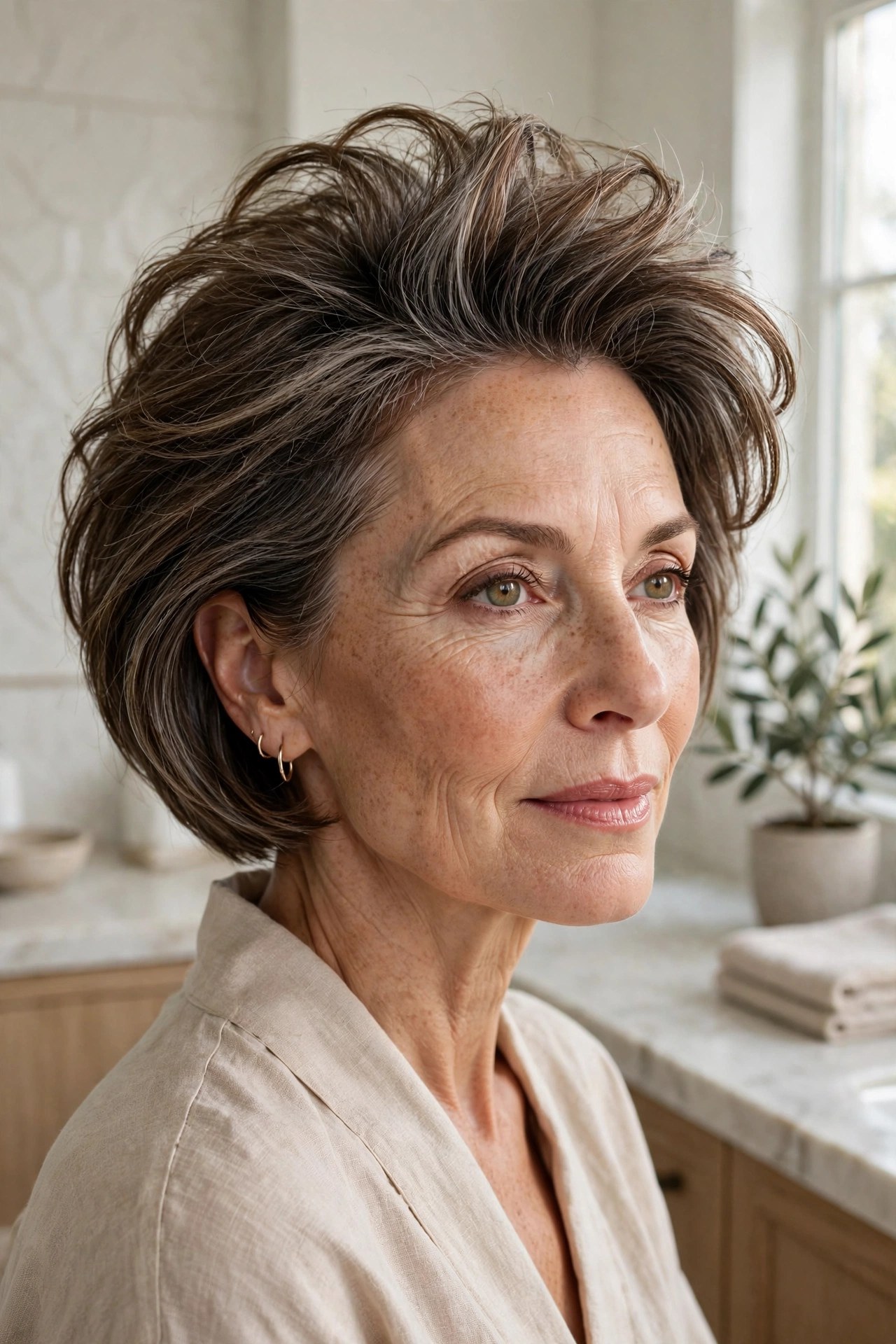 Short bob with dramatic root lift on a woman in her 50s